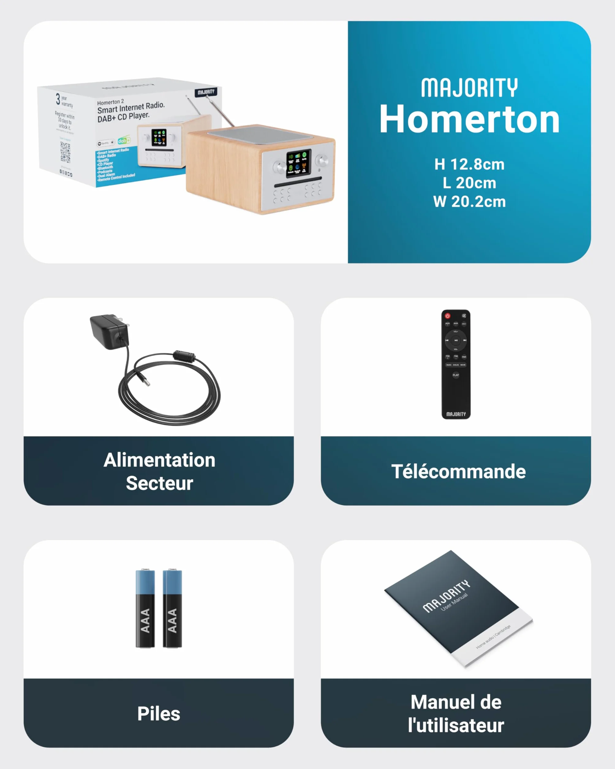 Majority Homerton Radio Dab Plus avec Lecteur CD Bluetooth Poste Radio Internet WiFi Ampli Tuner CD Spotify Connect Écran LED Couleur Télécommande Chêne