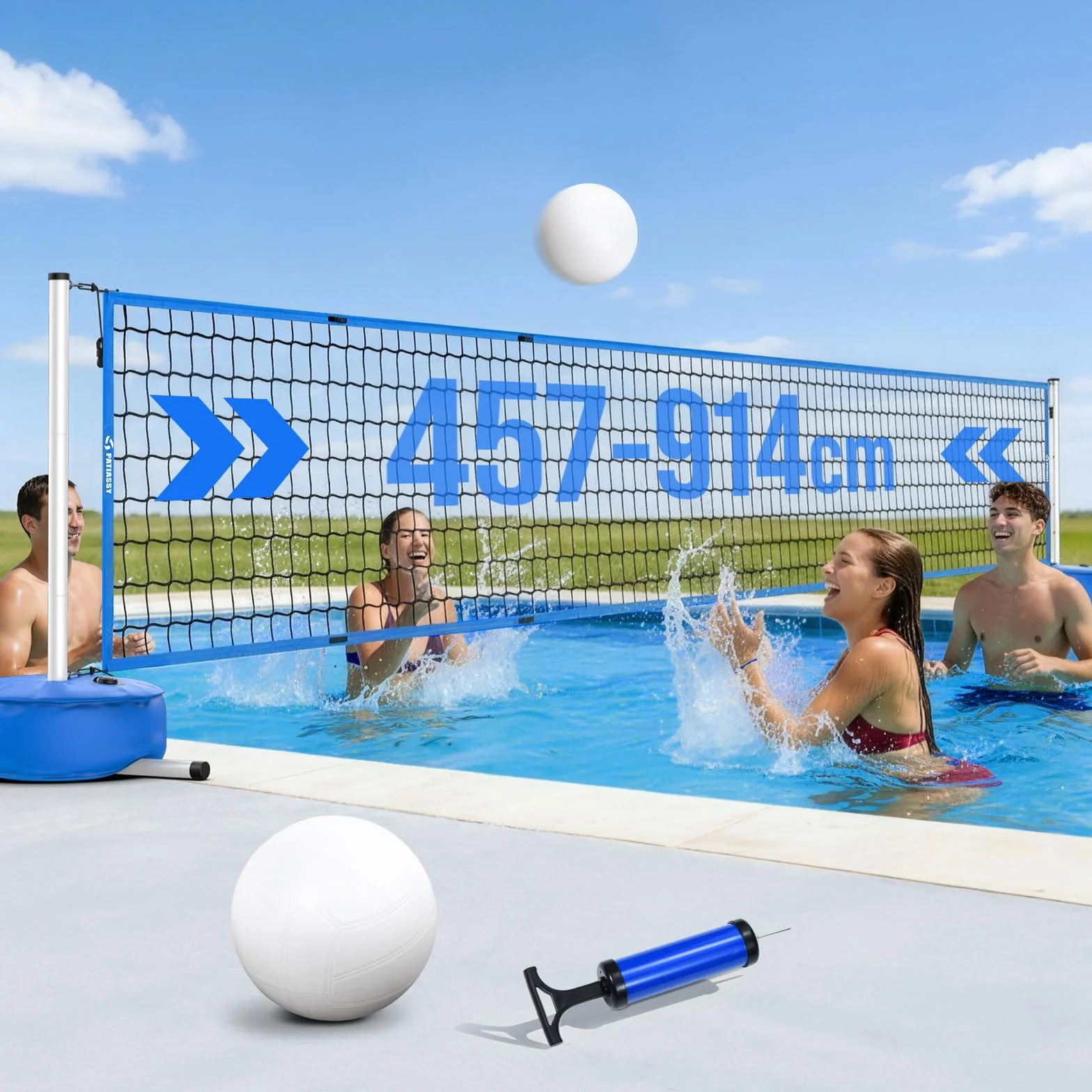 Kit de volley-ball de piscine portable réglable 4,5-7,6 m avec barres solides sac à eau 27 L jeu de volleyball
