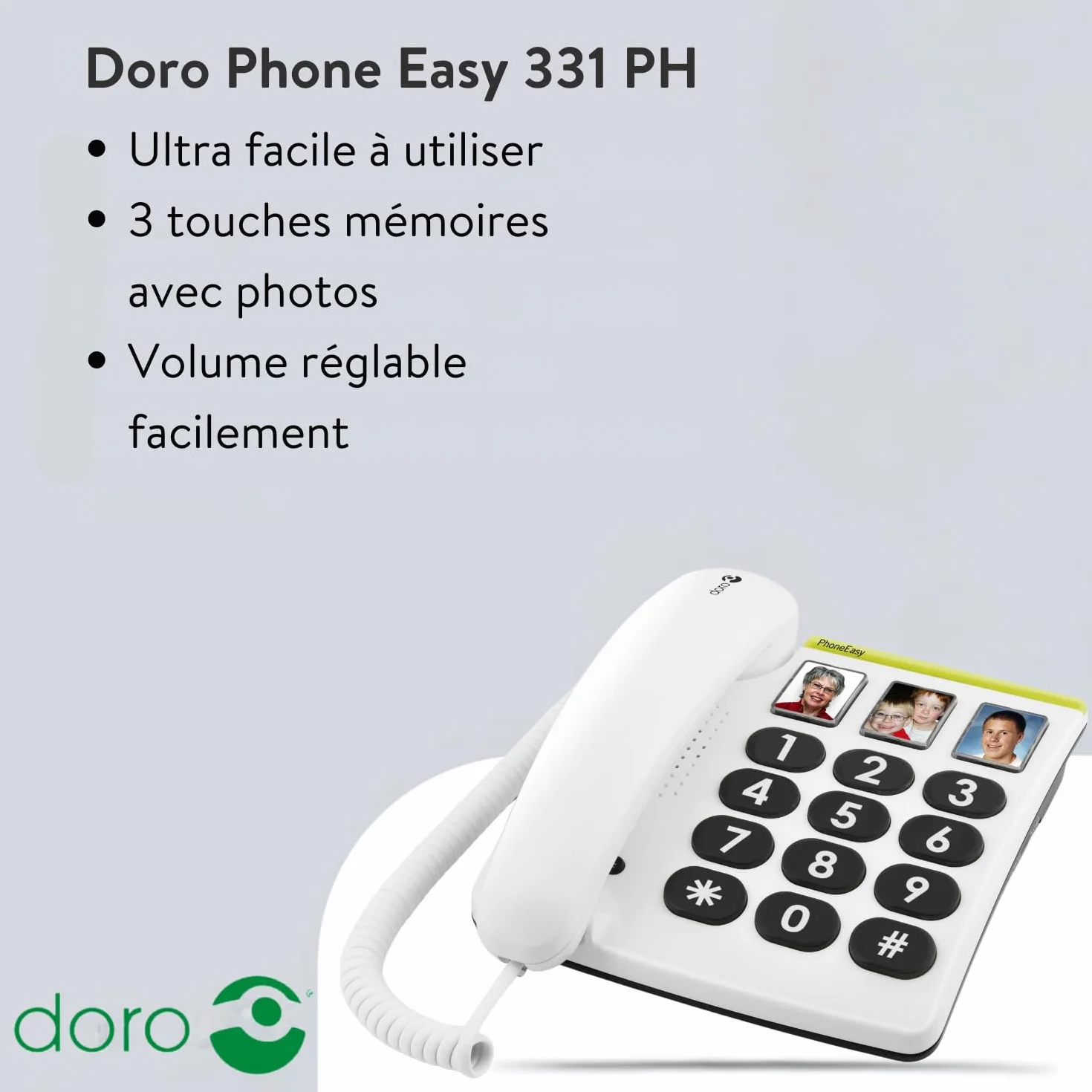 Doro PhoneEasy 331ph Téléphone Fixe pour Seniors Grandes Touches Numérotation Abrégée Compatible Appareils Auditifs