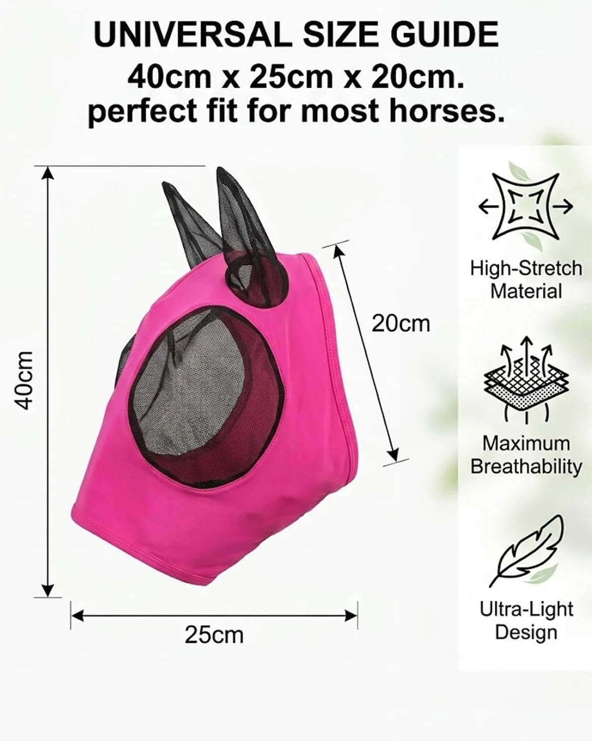 Masque de Cheval Rose Vif en Maille Respirante Anti-Mouche Anti-UV avec Cache-Oreilles