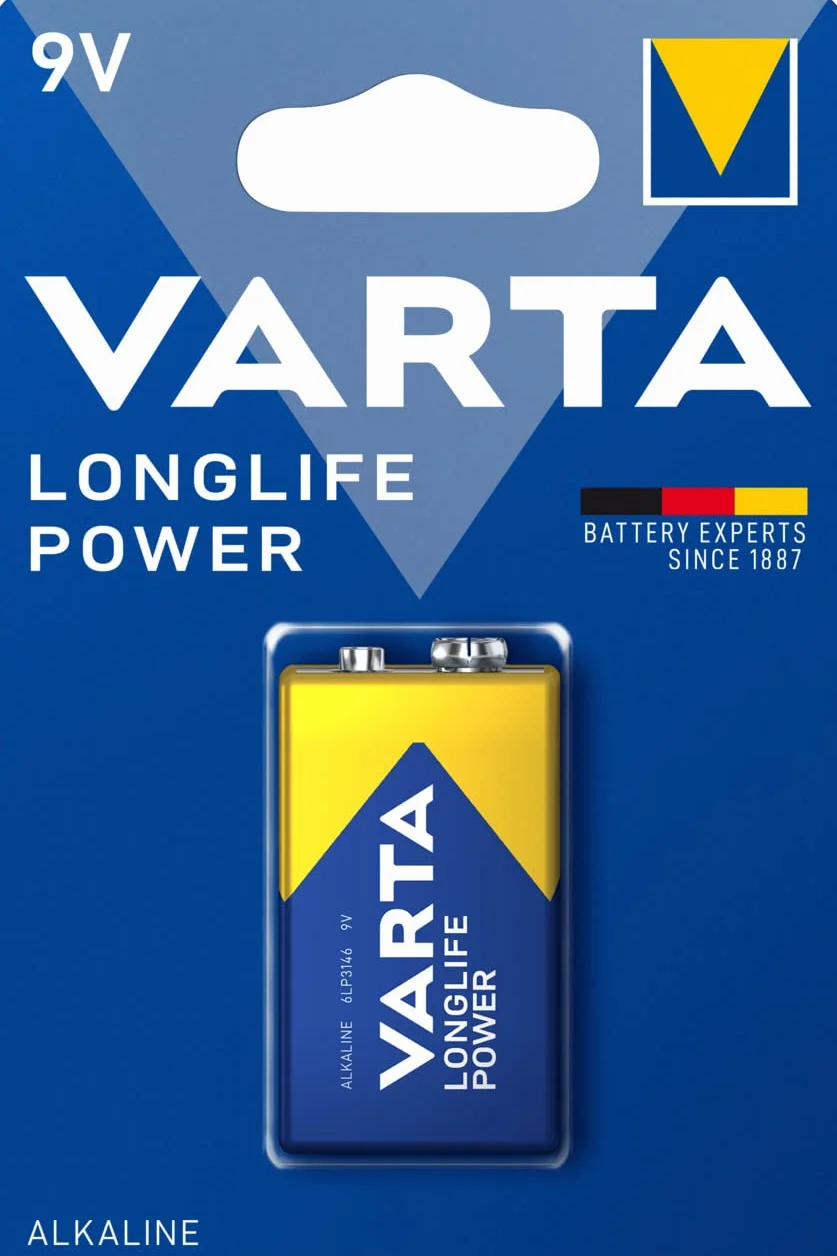 VARTA Piles Pile Bloc 9V, lot de 1, Longlife Power, Alcaline, pour détecteurs d'incendie, détecteurs de fumée, microphones