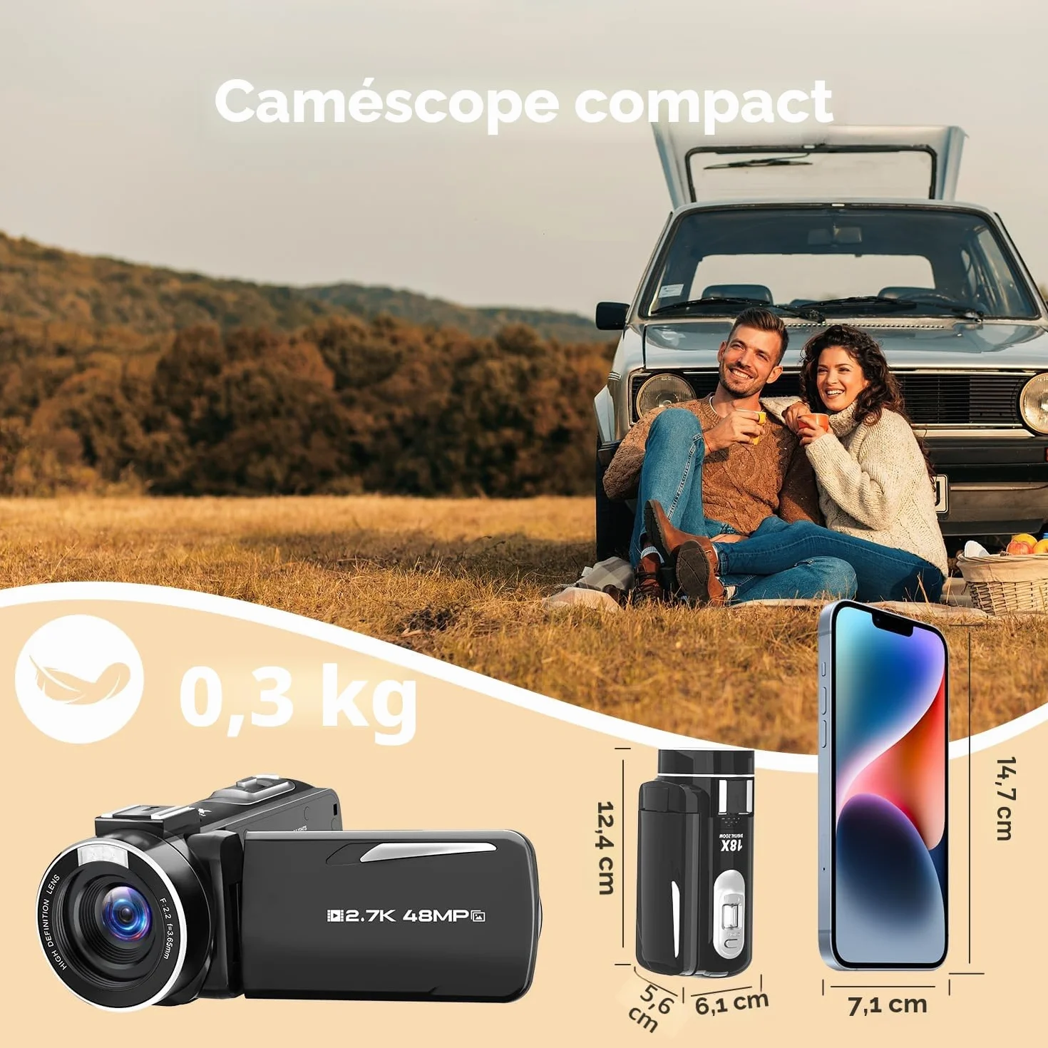 Caméra Vidéo 2.7K 48MP, Zoom Numérique 18X, Écran Rotatif 270° 3 Pouces avec Carte 32GB et Batterie