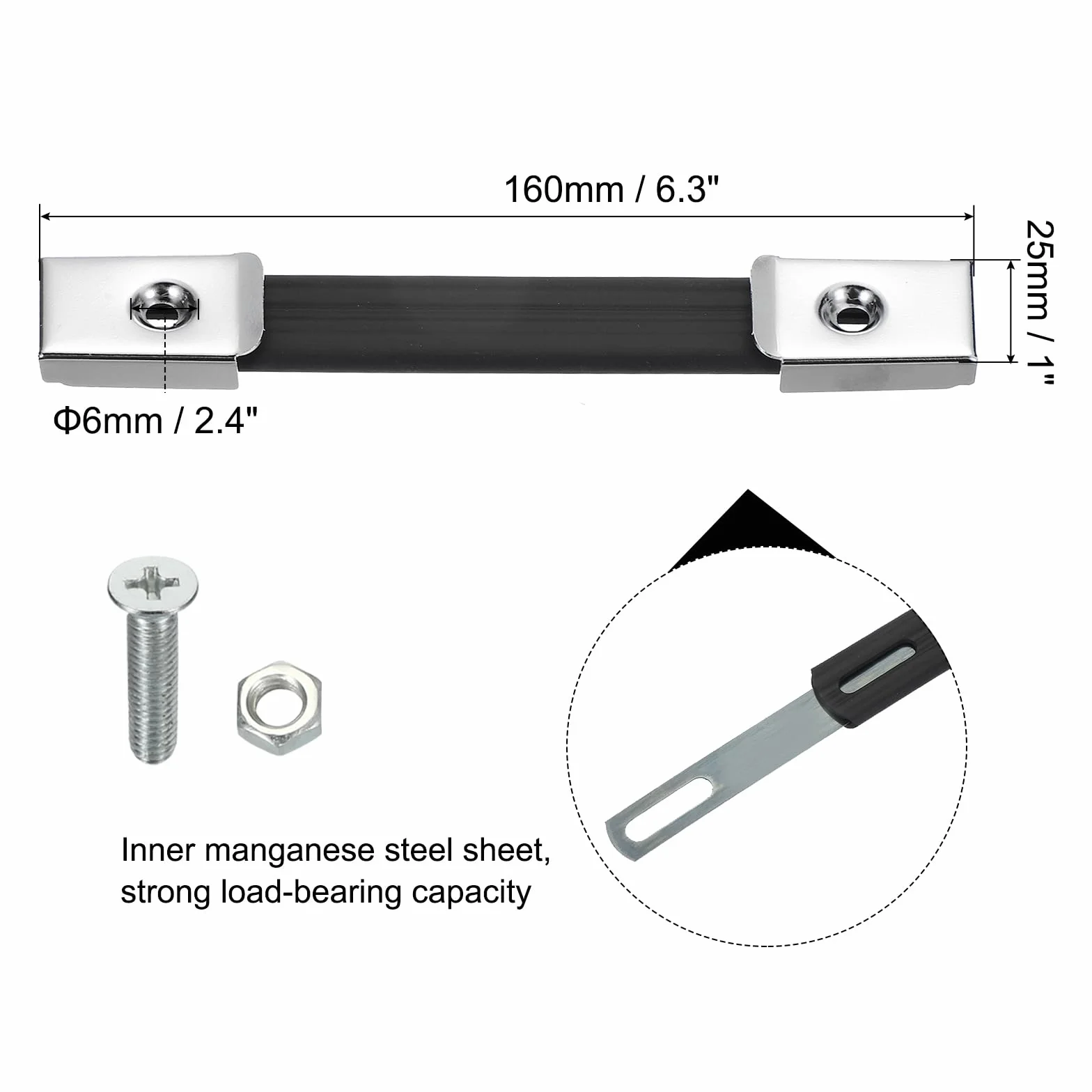 PATIKIL Poignée de Remplacement 6,3 Pouces, 2 Pièces Poignée de Sangle en Caoutchouc pour Enceintes d'Amplificateurs avec Embouts Métalliques et Accessoires de Fixation, Ton Argent