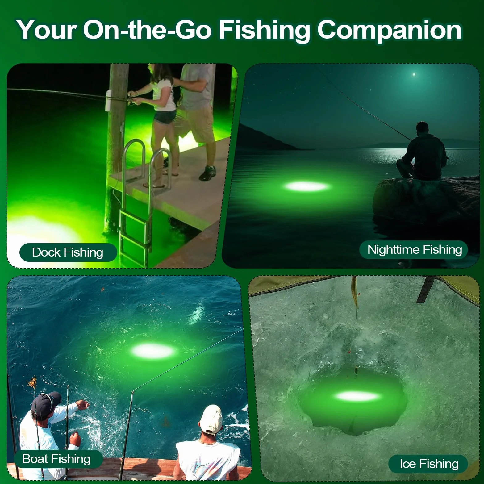 Lampe de Pêche Sous-Marine LED Verte Rechargeable 9000mAh IP68 Étanche Eau Douce Salée