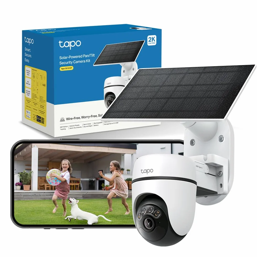 Tapo C610 Kit 2K 3MP Caméra WiFi Extérieur sans Fil Panneau Solaire 360° PTZ Surveillance Batterie 6700mAh Détection Humaine Vision Nocturne Couleurs Suivi AI IP65