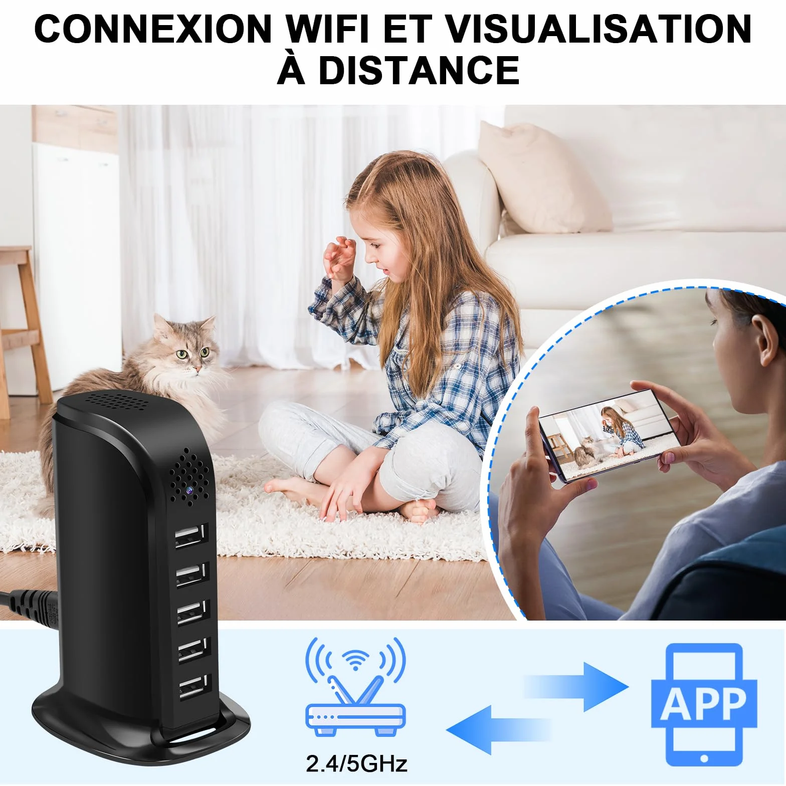 Caméra Cachée Wi-FI 5G, Chargeur USB à 5 Ports avec Caméra Cachée, Mini-caméra Espion Wi-FI HD 1080P, MiniCaméra Cachée WiFi USB avec Détection de Mouvement et Enregistrement en Boucle