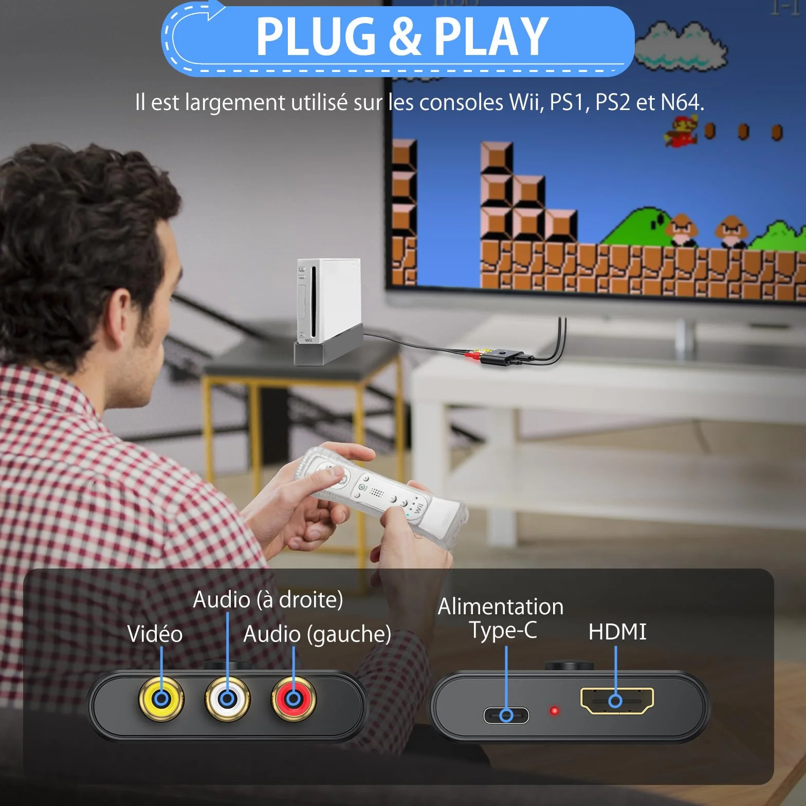 CAMWAY Convertisseur AV vers HDMI avec Câble 50cm Adaptateur RCA vers HDMI 1080P/720P (60Hz) pour PS1/PS2/Wii/N64 Commutateur 4:3/16:9 Exclusif Plug & Play Compatible Téléviseurs/Moniteurs