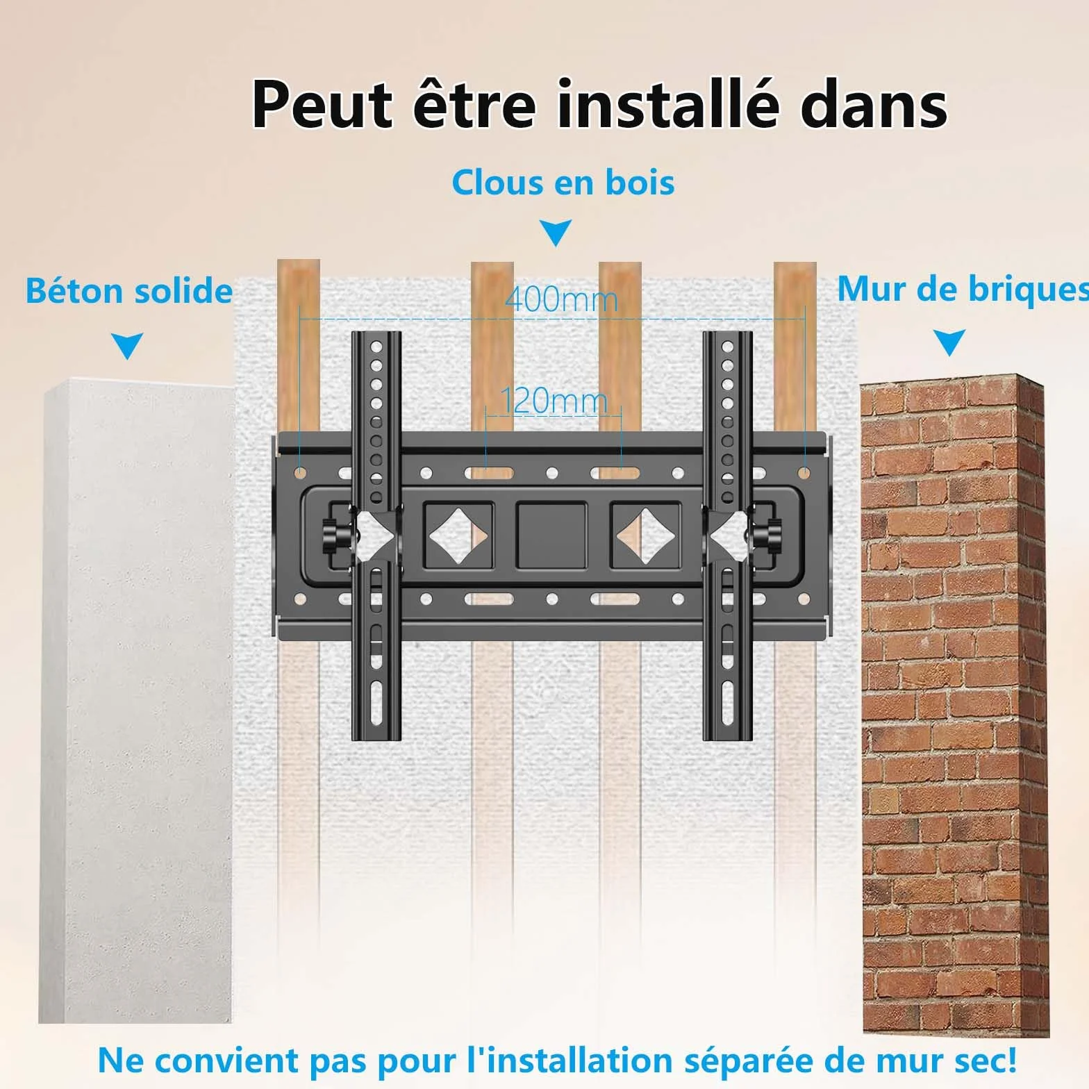 Support Mural TV inclinable pour la Plupart 32 à 68", VESA Jusqu’à 400x400mm et Charge maximale 60 KG, 40 43 50 55 58 60 65 Pouces réglable Rack Mural pour TV,Support TV Mural,TV Wall Mount