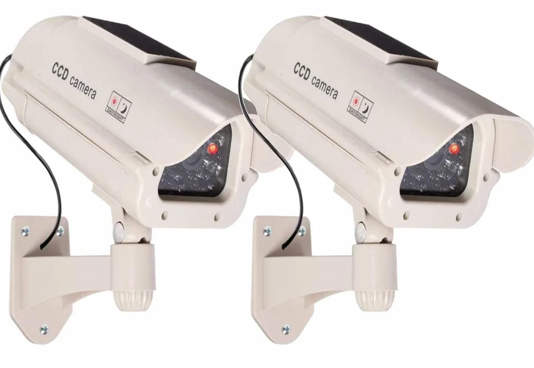 outdoor Lot de 2 grandes caméras factices solaires avec objectif avec lumière clignotante pour l'intérieur et l'extérieur - Étanche - Qualité supérieure