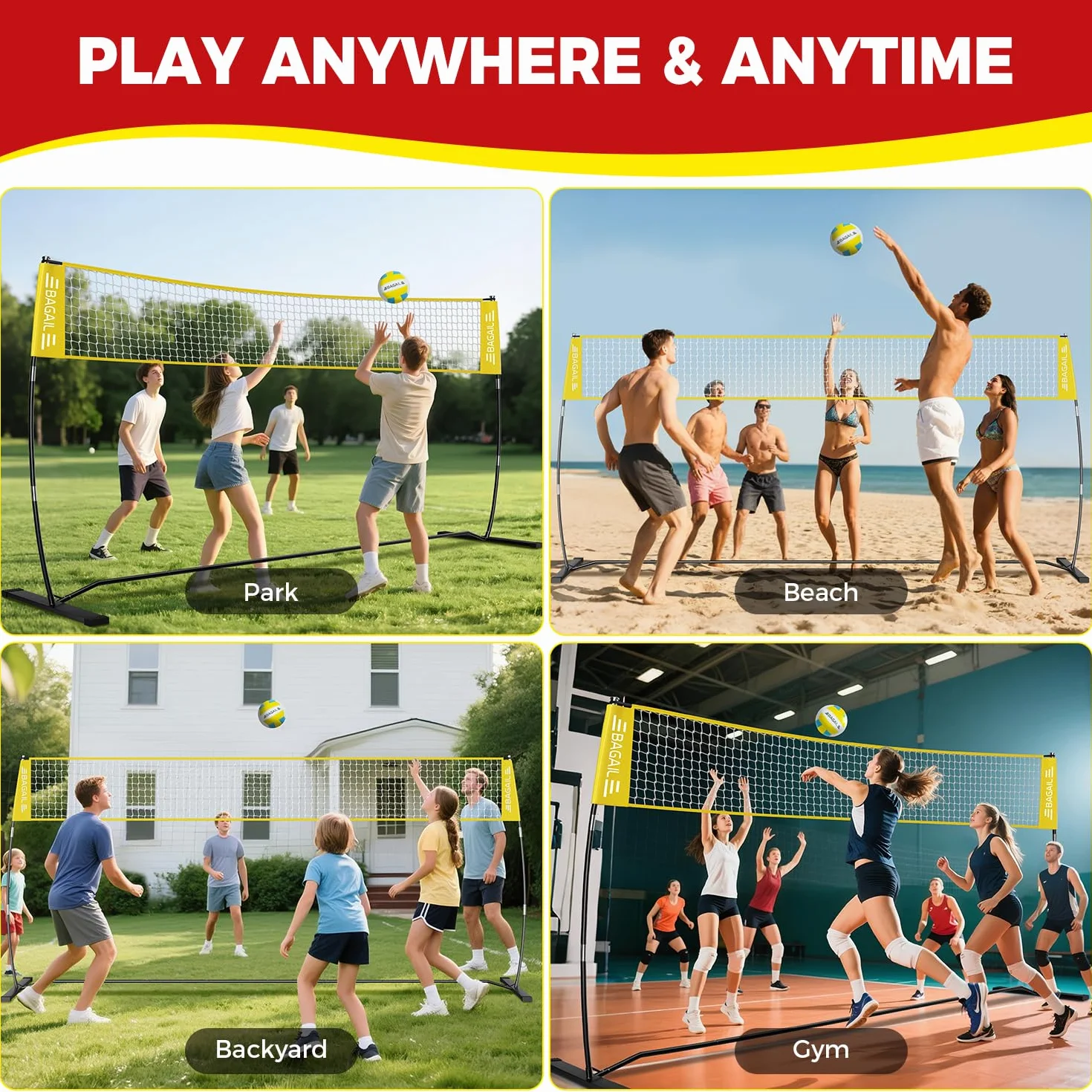 Filet de volley-ball portable 3,7 m/6,1 m réglable pour arrière-cour - Ensemble intérieur/extérieur avec sac de transport