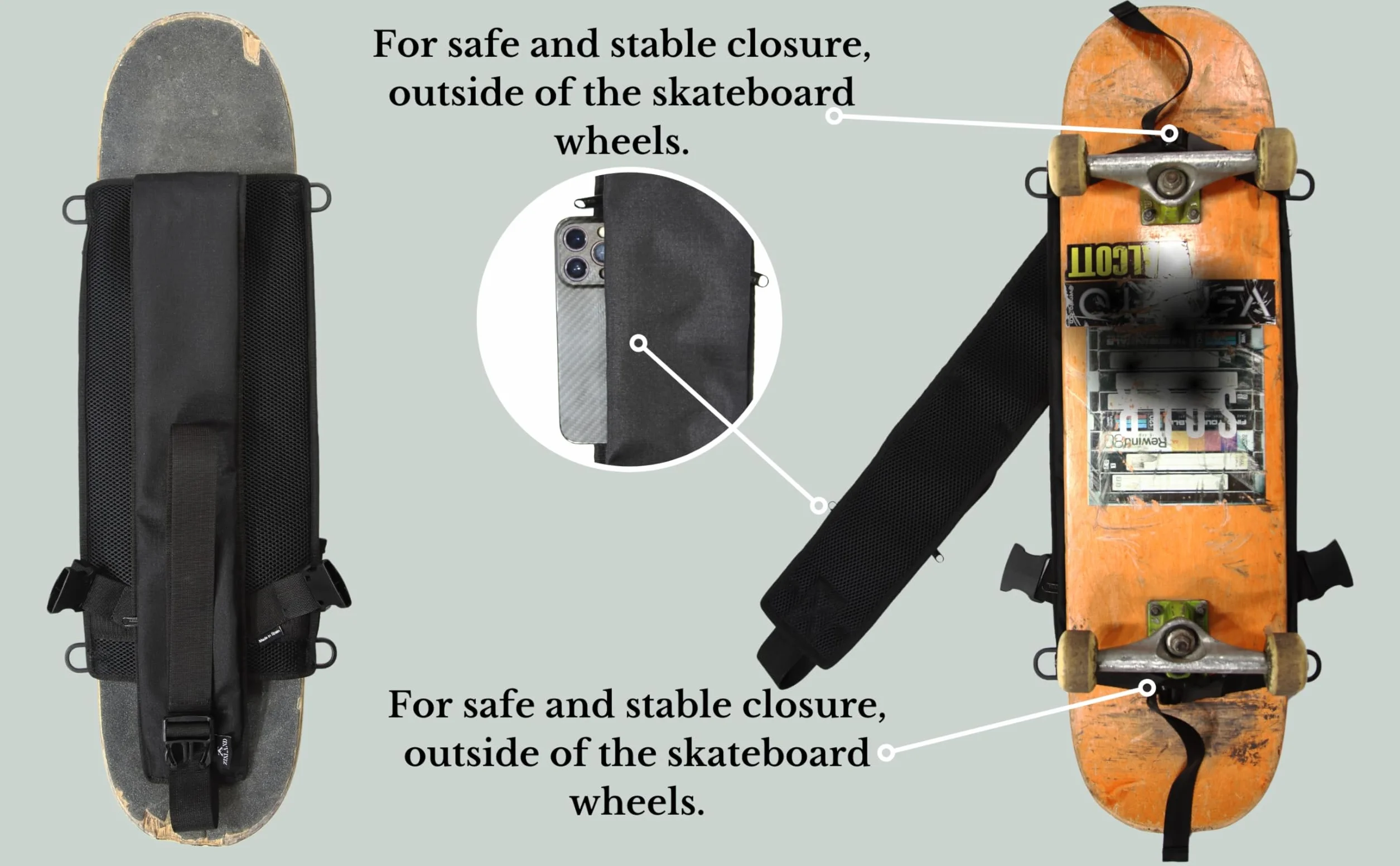 Sac Skateboard imperméable avec Poches secrètes, Sac à Dos réglable pour Planche à roulettes