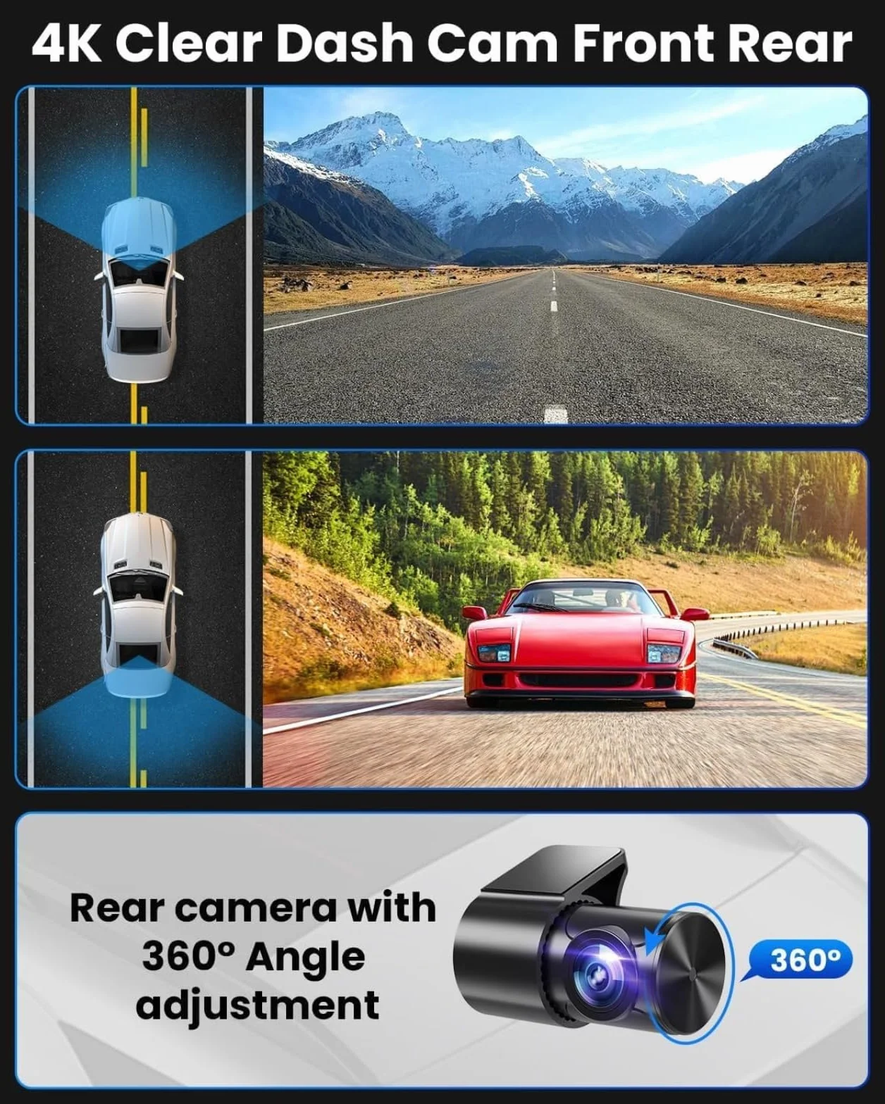 Oryzom Dashcam 4K Pro Enregistrement Ultra HD caméras Avant/arrière Capteur G WDR Vision Nocturne Surveillance 24h/24 1080P 32Go