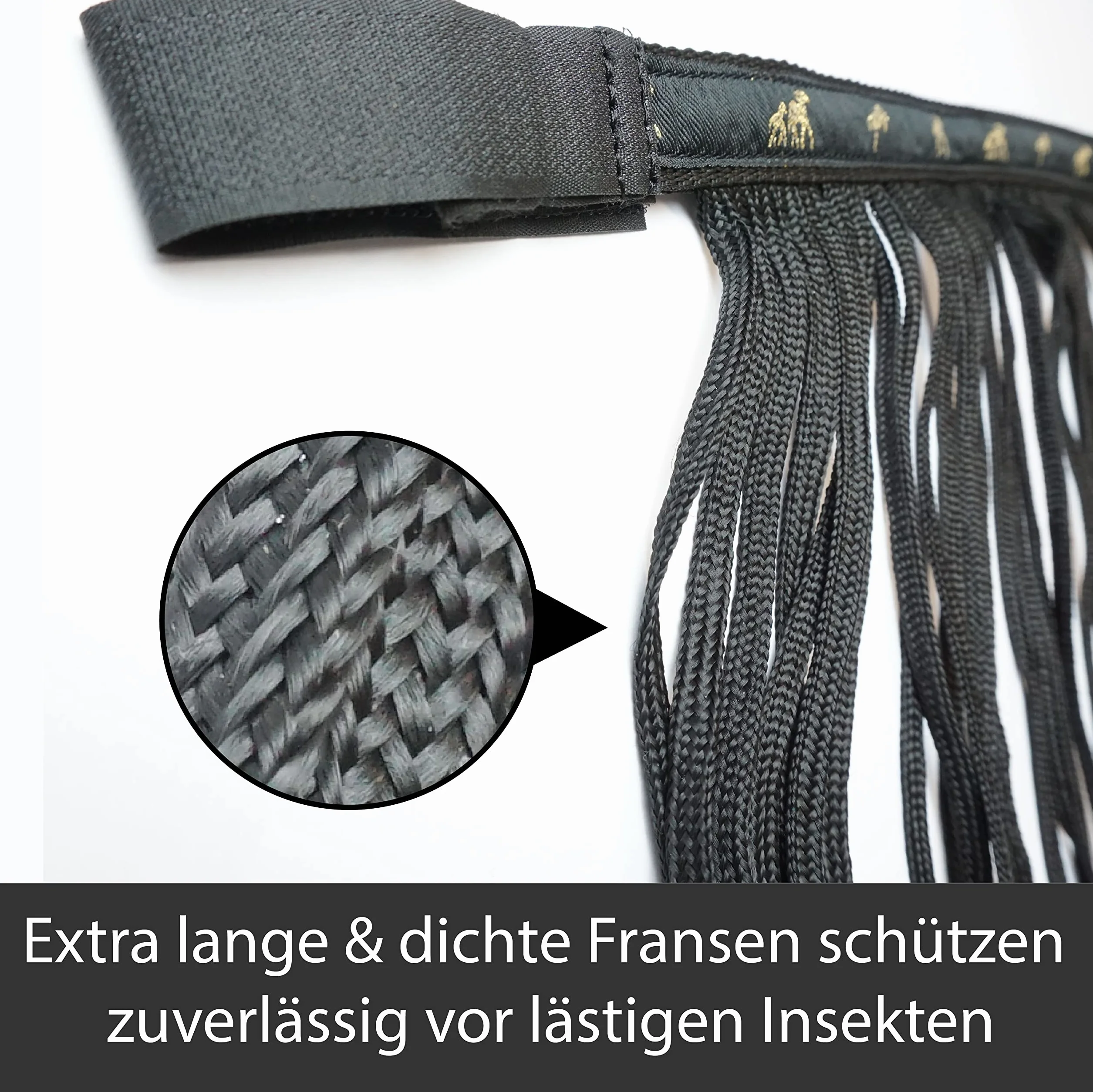 Masque anti-mouches cheval avec franges et fermeture pour poney, cob, sang chaud, noir