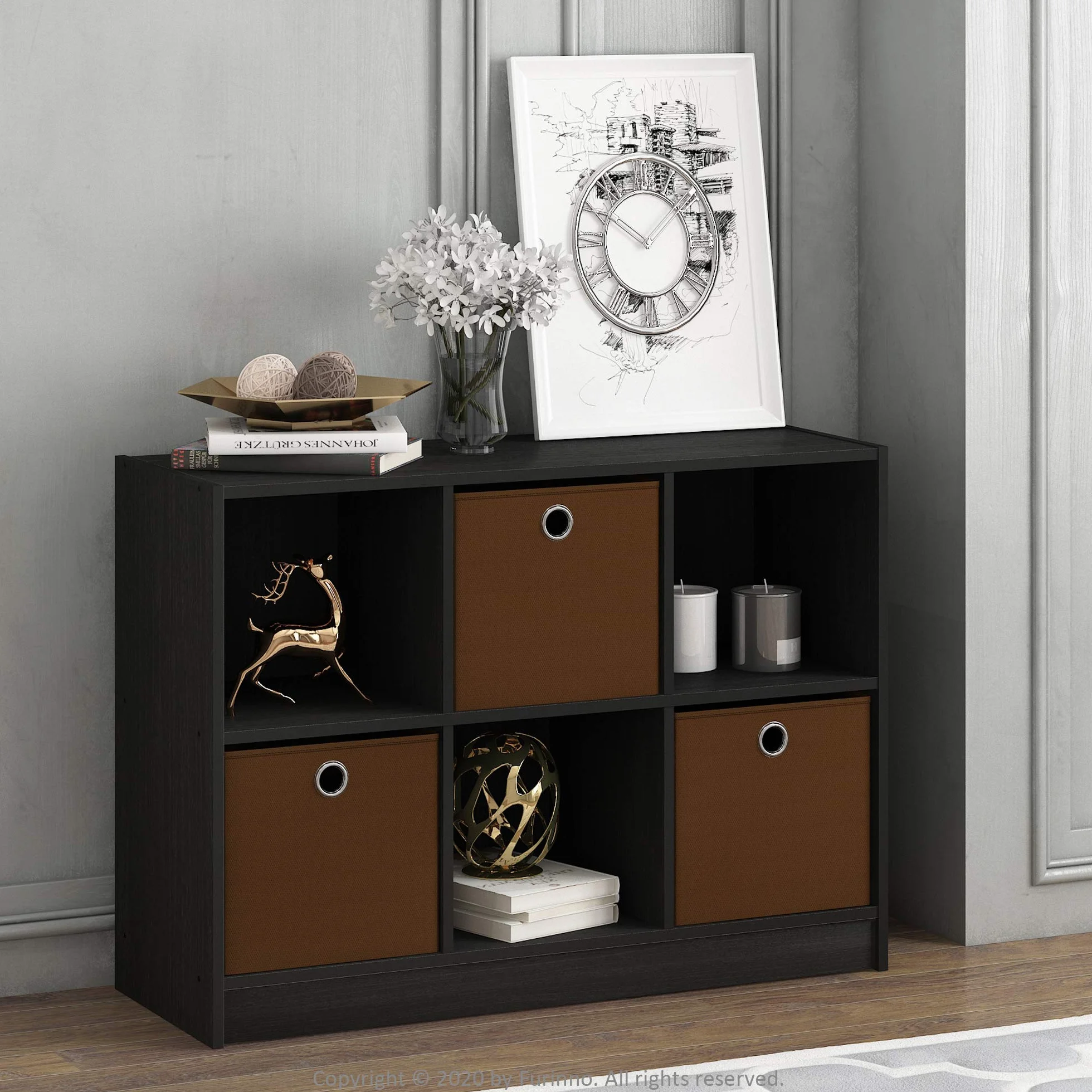Furinno Basic Rangement de Bibliothèque 3x2 avec Bacs, Engineered Wood, Expresso, one size