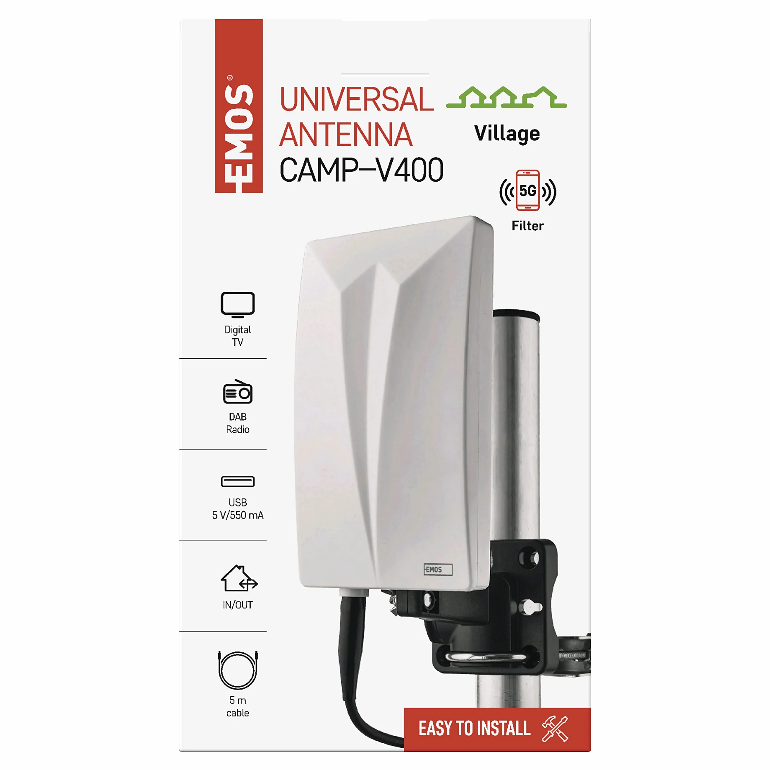 EMOS - Antenne intérieure/extérieure Village, antenne Active pour la réception Longue portée (0-80 km) de DVB-T2, Dab, FM, Full HD, avec Filtre de Blocage LTE, Filtre 4G, 5G et amplificateur intégrés