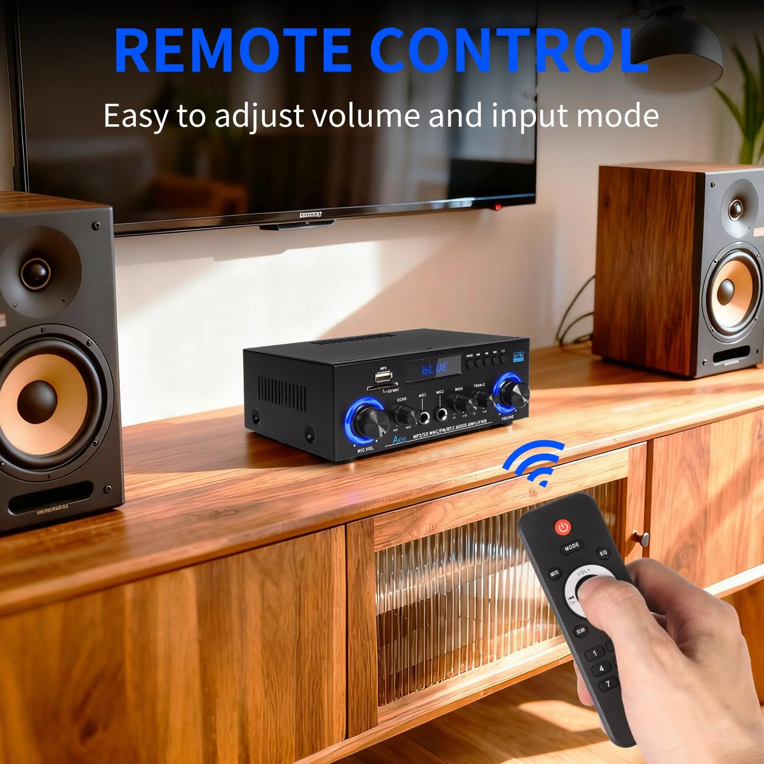 Amplis Amplificateur Stéréo Bluetooth 5.3 1000W Puissance Maximale avec Radio FM et Micro, Système Audio Hi-Fi 2.0 Canaux 50W+50W RMS, Contrôle Basse/Aigus pour Maison, Voiture, Karaoké, TV