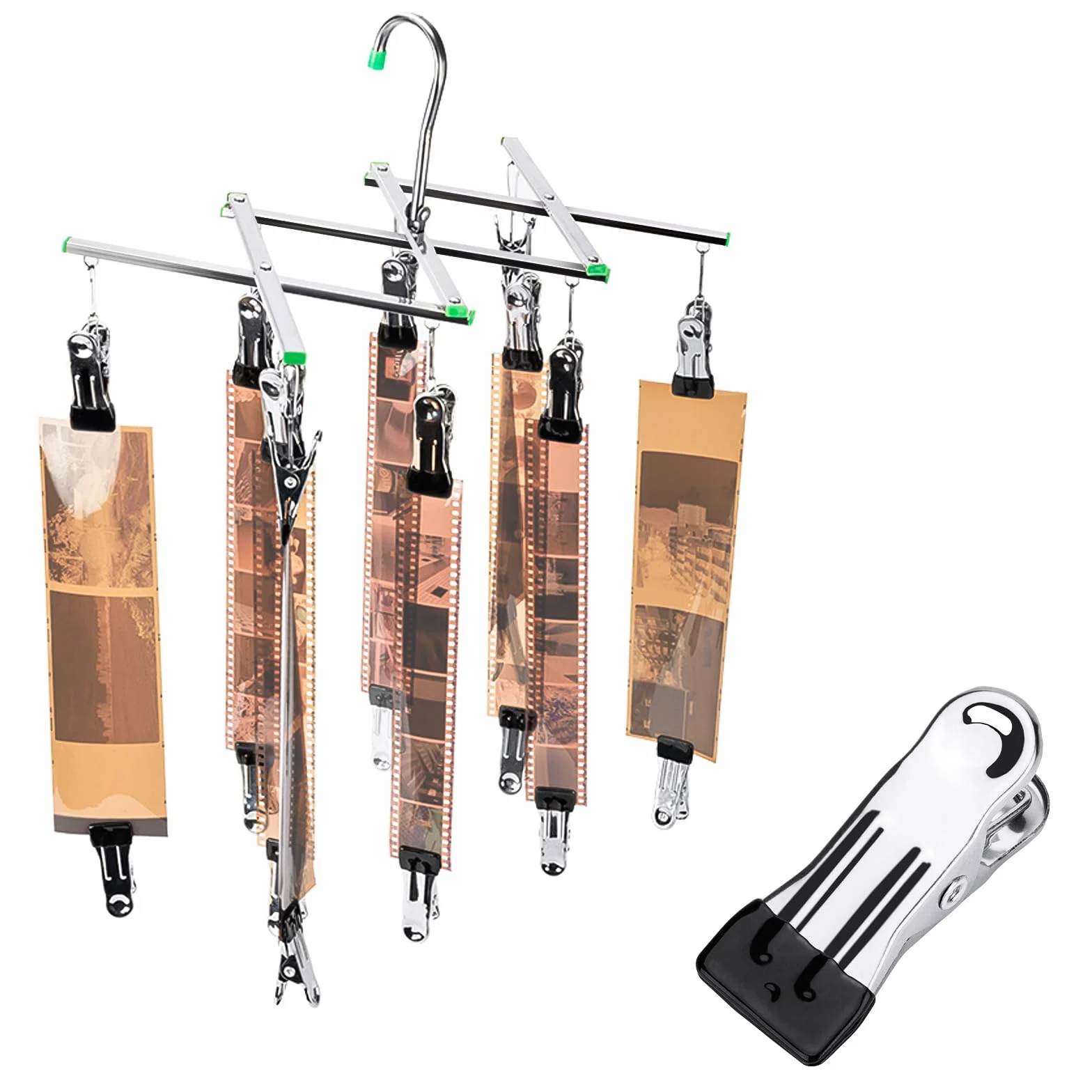 JJC Séchoir à film en acier inoxydable pour 120 films de 35 mm avec 10 clips, support de film en acier inoxydable pour films de 135, 120, 4 x 5, cadre pliable, résistant au vent, pas de rayures