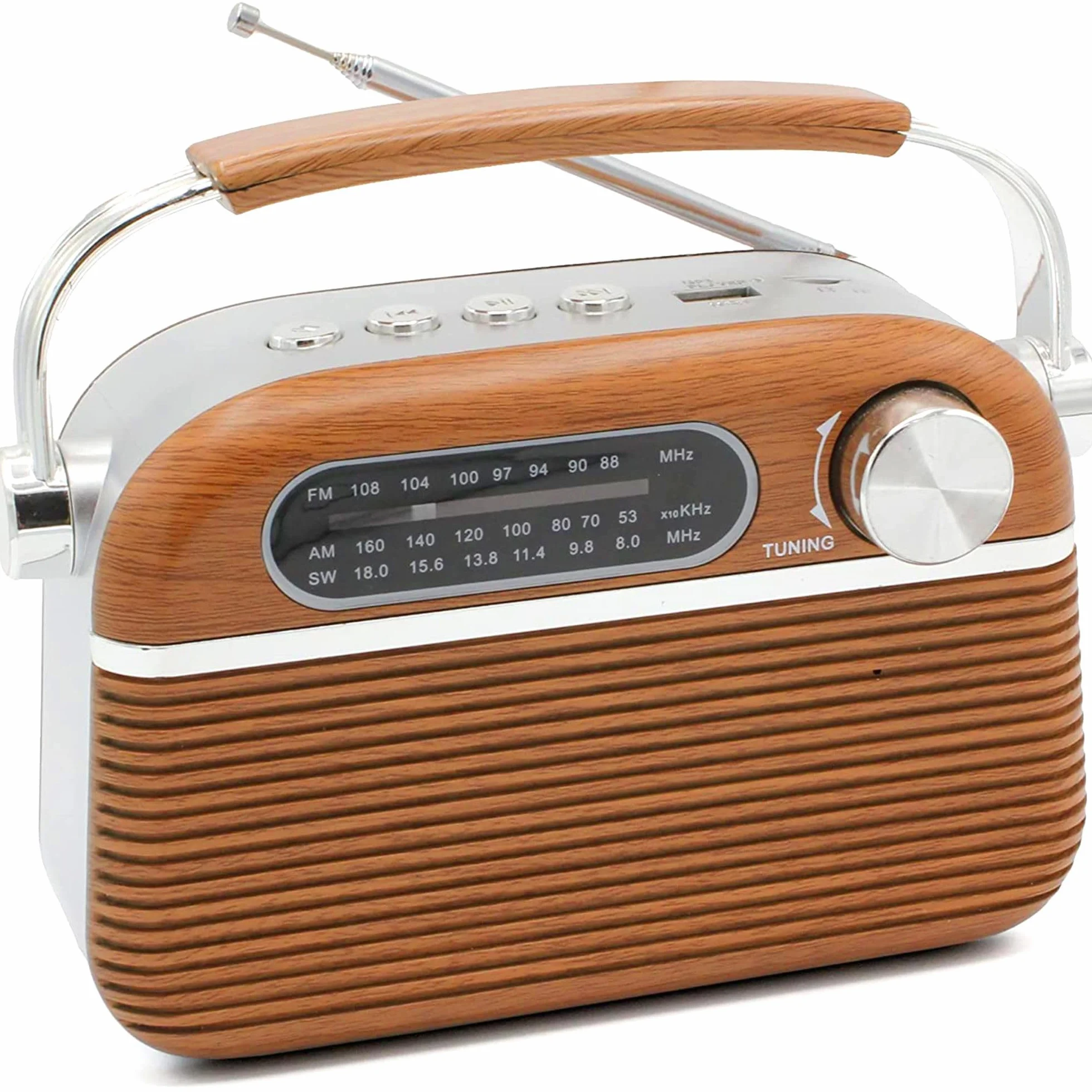 FISHTEC Radio Vintage Années 60 FM AM SW Lecteur MP3 USB Micro SD Design Bois INOX Antenne Rétractable Secteur Piles LR20 20.5x12.5x8 cm Compacte Portable