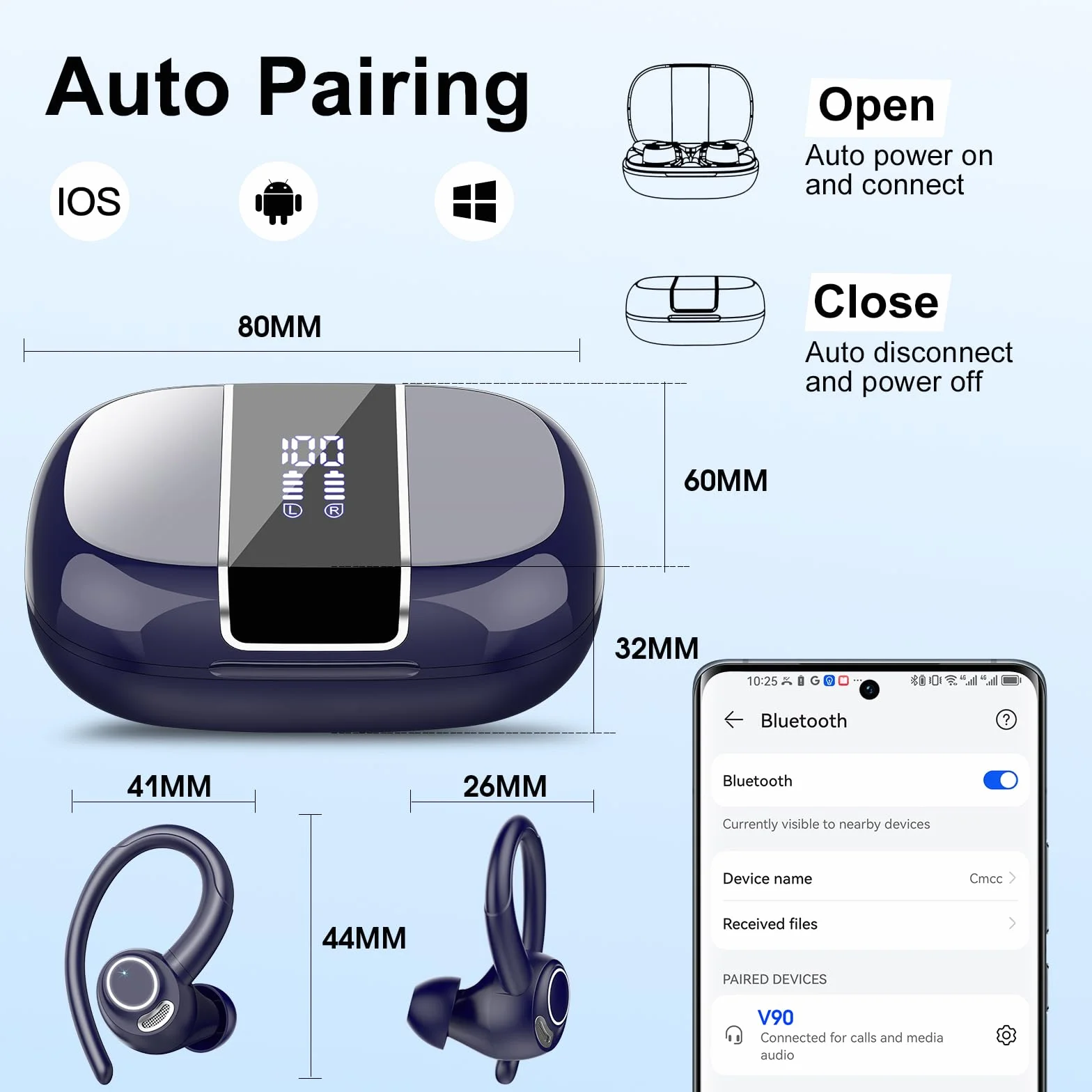 Csasan Ecouteurs Bluetooth sans Fil Sport, 48H Écouteurs Bluetooth 5.3 avec CVC8.0 Antibruit, IP7 Étanche Oreillette Bluetooth Contrôle Tactile, Écran LED Casque Bluetooth Bleu Foncé