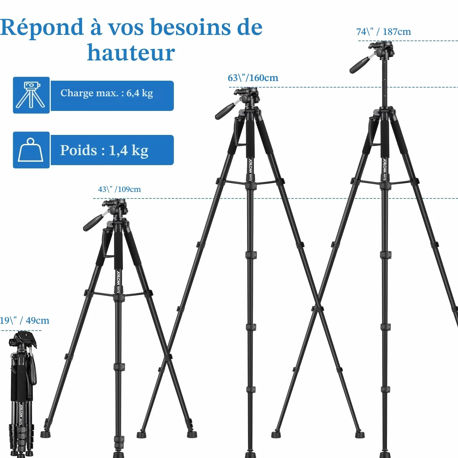 Trépied Appareil Photo pour Smartphone 187cm, JOILCAN Trépied Caméra avec Tête Pan Amovible à 3 Voies, Aluminium Portable Trepied pour Nikon Canon Sony DSLR, Téléphone Support pour iPhone (Noir)