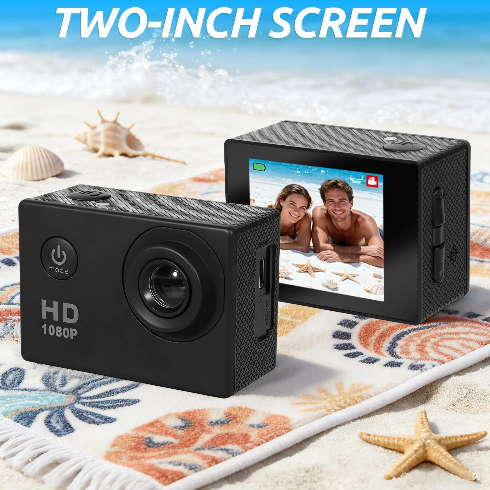 Caméra Sport 1080P Etanche 30M Grand Angle avec Carte Mémoire 32GB et Deux Piles Rechargeables 900mAh