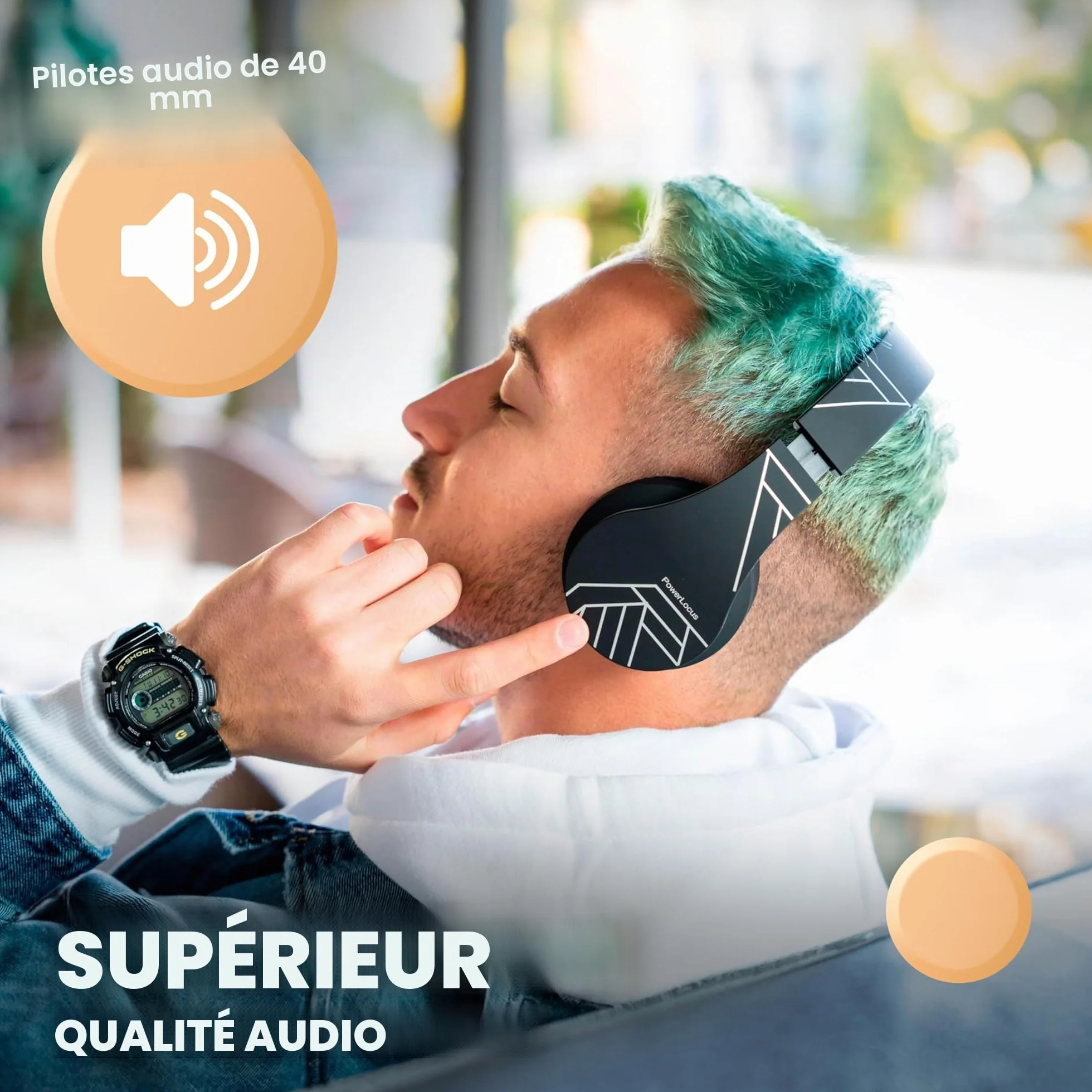 PowerLocus Casque Bluetooth sans Fil, Pliable Casque Audio Stéréo, Oreillette Bluetooth avec Micro Intégré/Micro SD/FM Radio pour Téléphones/PC/Tablettes/TV (Noir/Argent)