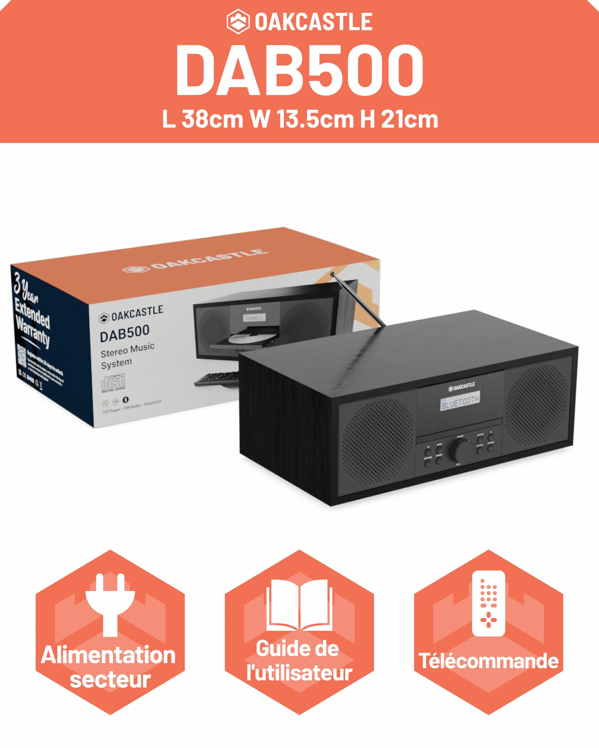 OAKCASTLE DAB500 Radio Dab+ Bluetooth Lecteur CD Système stéréo 60W pour Maison