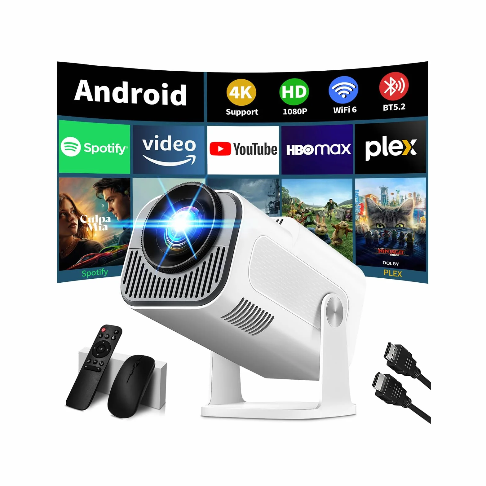 Vidéoprojecteur 4K 1080P WiFi 6 Bluetooth 5.2 Projecteur Trapézoïdale Automatique 270° Rotation HDMI Blanc
