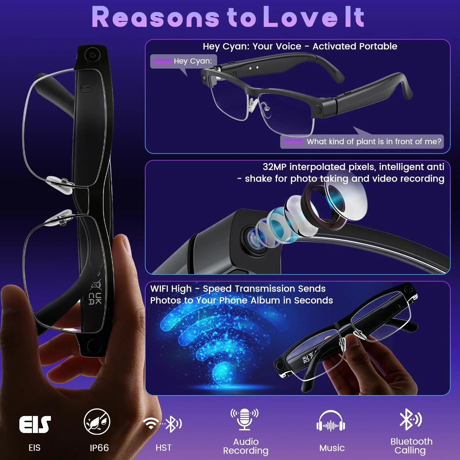 Lunettes AI avec appareil photo, filtre à lumière bleue, résolution HD 1200p, Bluetooth, traduction vocale, lunettes de ki avec appareil photo, enregistrement vidéo, lecture de musique, détection