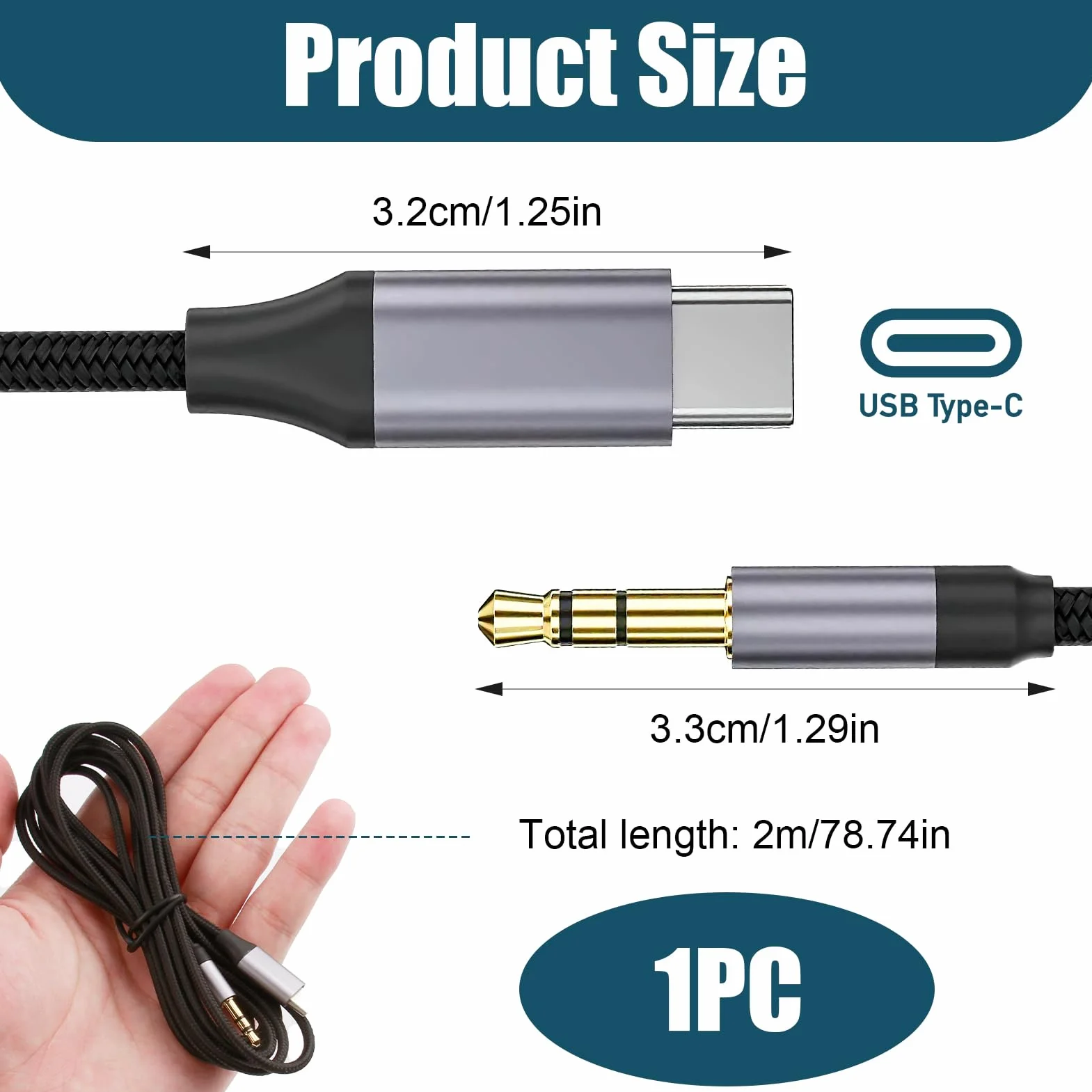 Hemlosk Câble USB C vers 3.5mm Jack 2M, Cable Auxiliaire USB C Jack, Rallonge Auxiliaire Stéréo pour Audio Voiture, Compatible avec iPhone 16/15 Plus Pro Max, Galaxy S24/S23/S22/S21 Ultra, Pixel