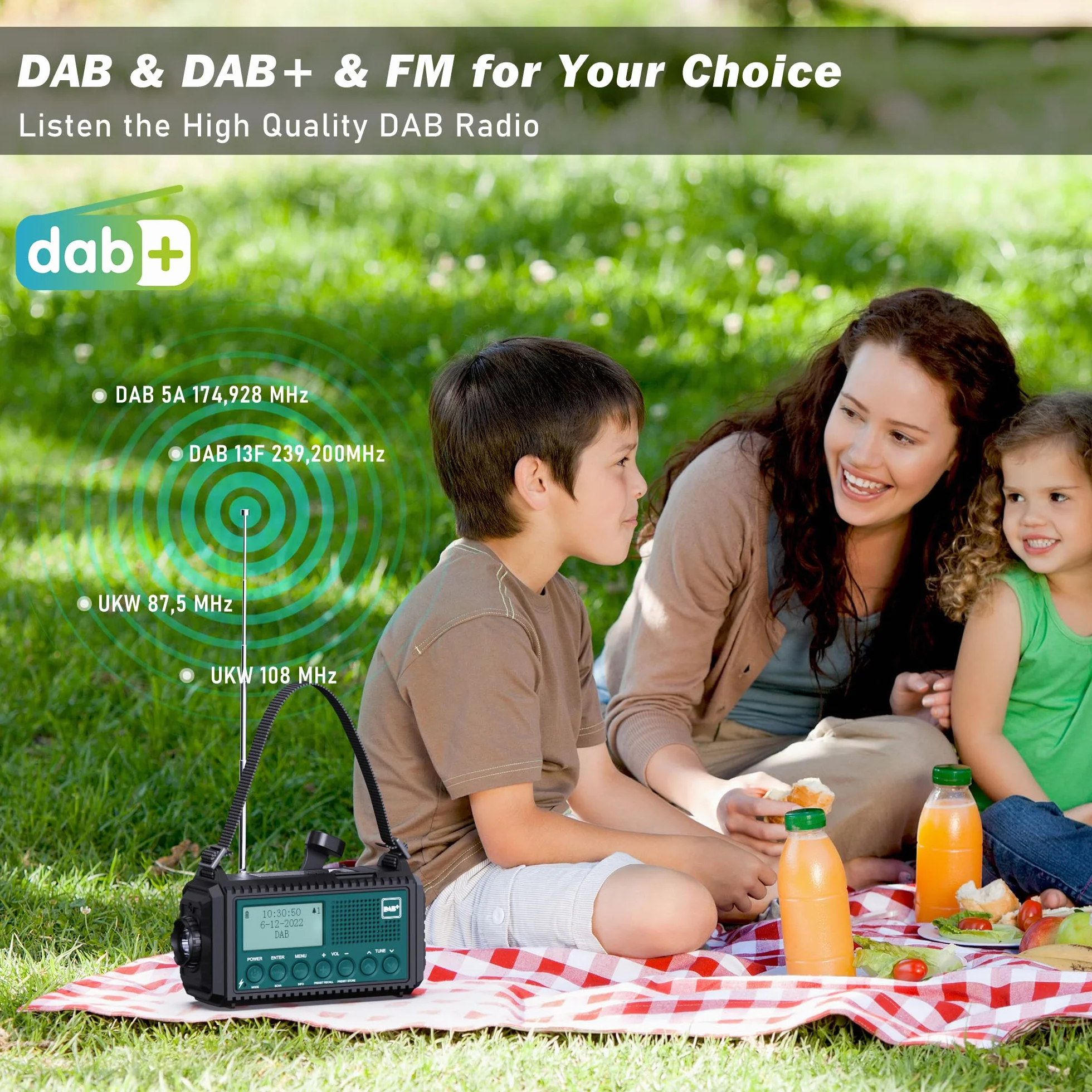 Radio à Manivelle Dab+/Dab/FM avec Batterie Rechargeable 5000mAh, Lampe de Poche, Camping Portable, Charge USB, Dynamo SOS