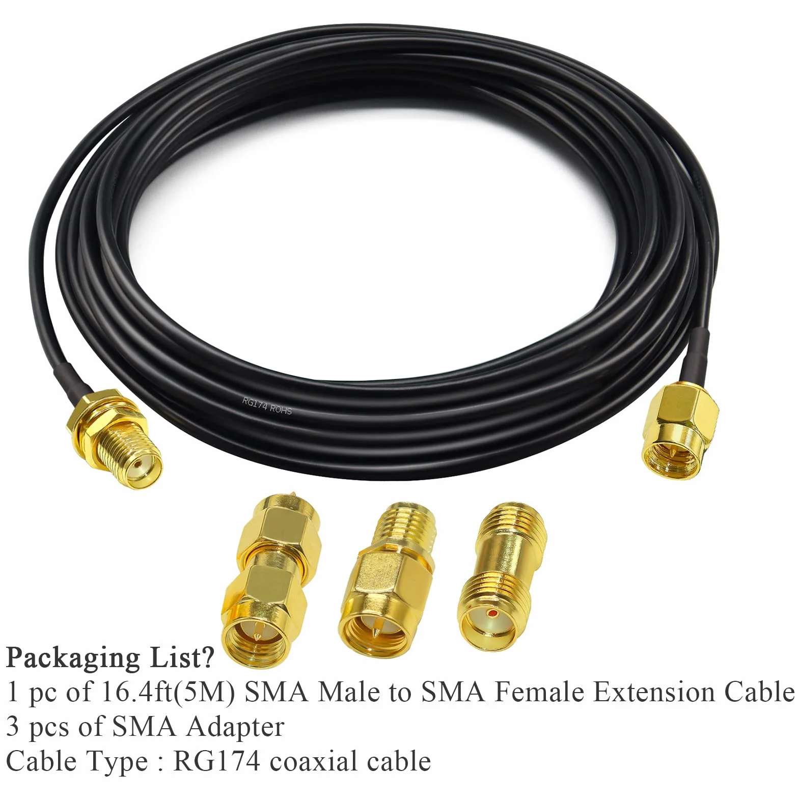 TUOLNK RG174 SMA Câble Coaxial Mâle à Femelle RF 16,4 Pieds (5m) + 3 Adaptateurs Radio Ham, Antenne 3G 4G LTE, Équipement SDR, ADS-B, GPS