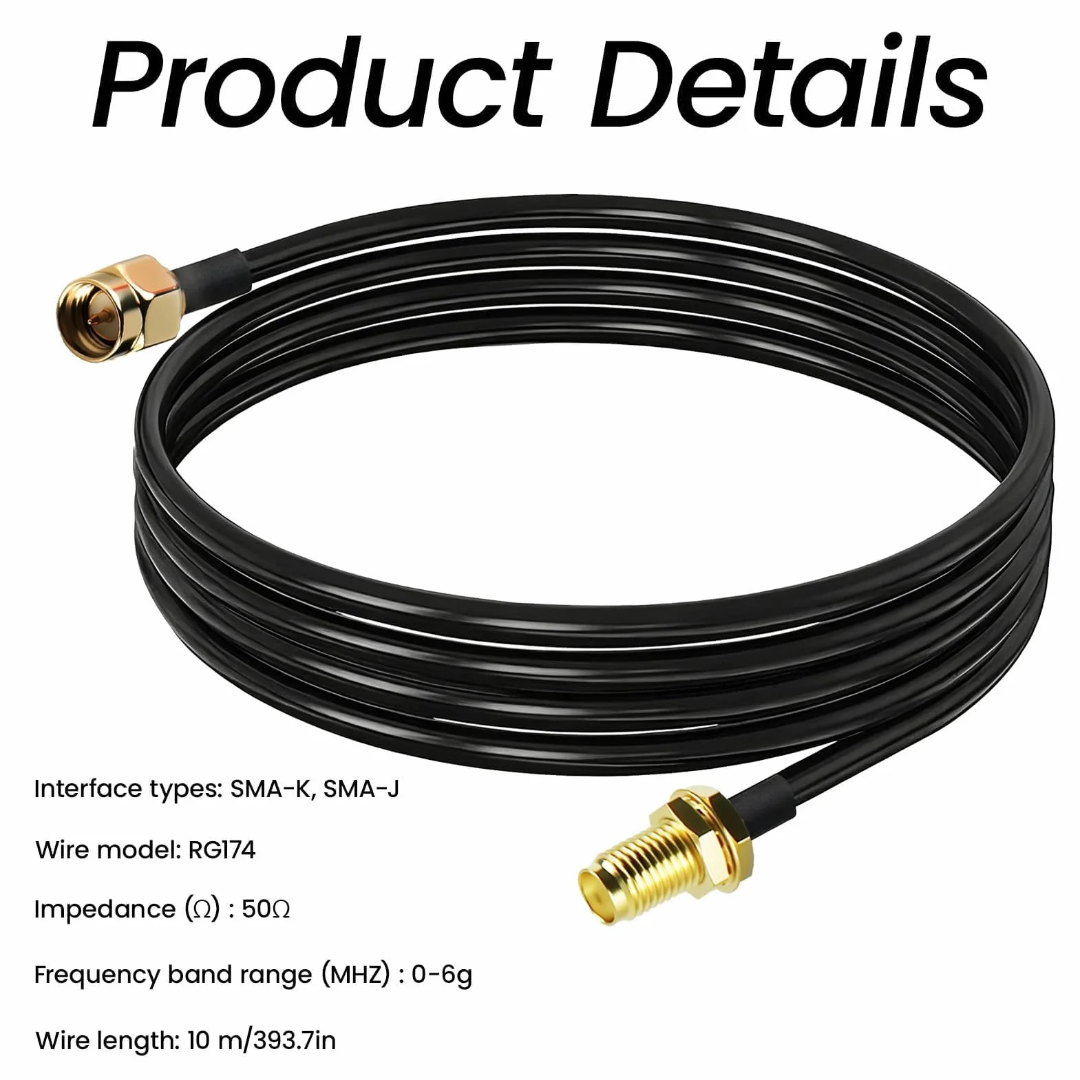 Cable D'extension SMA RG174, 10M Câble Rallonge Antenne WIFI Mâle vers Femelle Adaptateur Cable Coaxial TV 5G 4G Exterieur pour LTE GSM GPS Routeur Modem Scanner Radio Ham Camera SDR Récepteur ADS-B