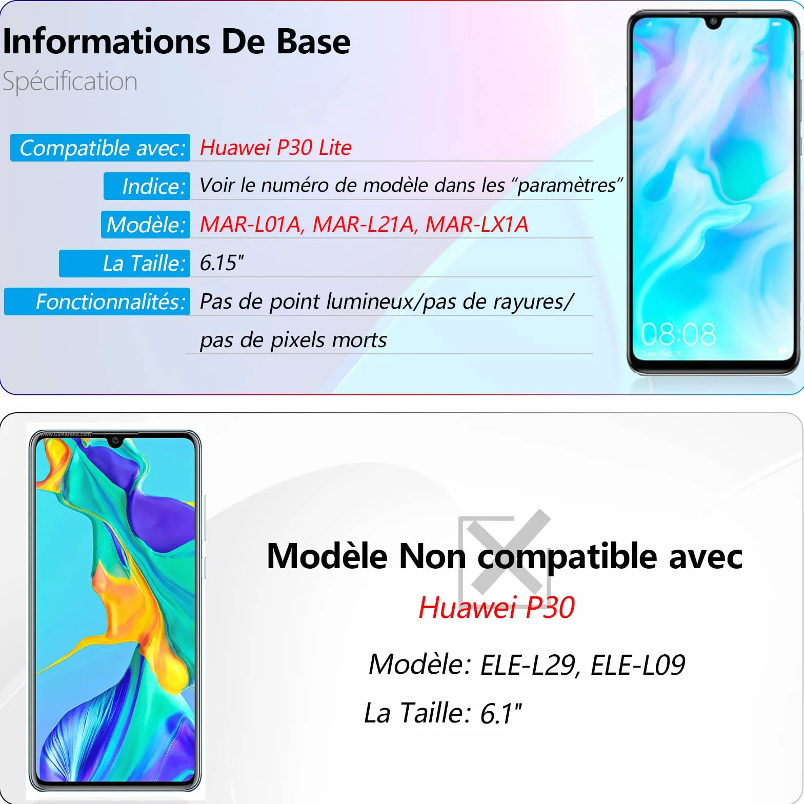 RongZy Écran de Rechange pour 6.15" Huawei P30 Lite MAR-L01A MAR-L21A MAR-LX1A Écran LCD + Vitre Numériseur Tactile Capteur Assemblé Remplacement pour P30 Lite(Noir)