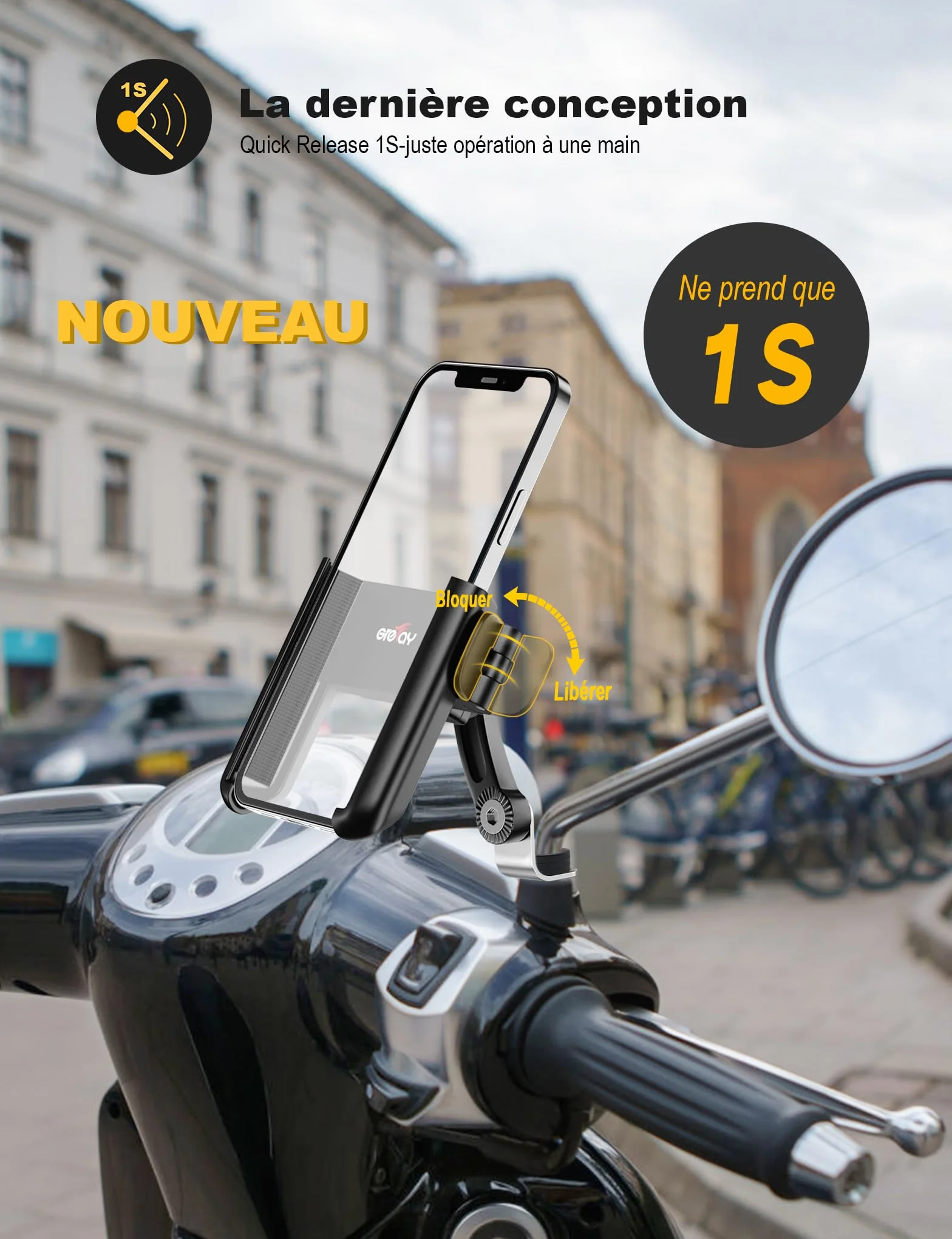 Grefay Support Téléphone de Moto Support Téléphone Scooter Rotatif à 360° Libération Rapide Support Moto Telephone pour 3,5 à 7,0 Pouces Smartphones Appareils
