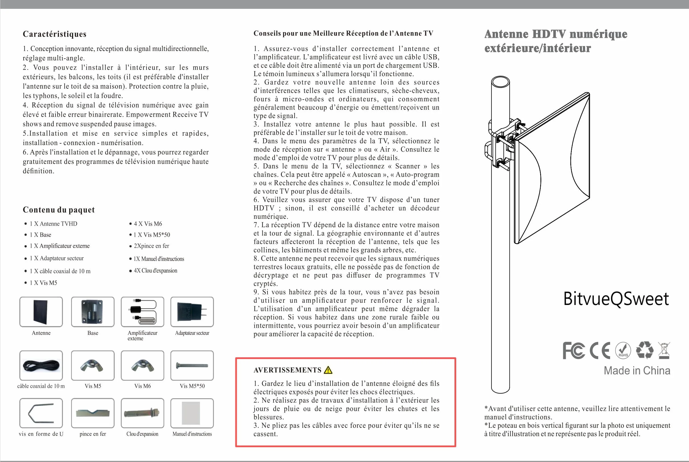 Antenne TNT Extérieure Antenne TV extérieure/intérieure 160 KM Réception, Câble coaxial de 10m, Revêtement Anti-UV, Etanche et au Design Compact