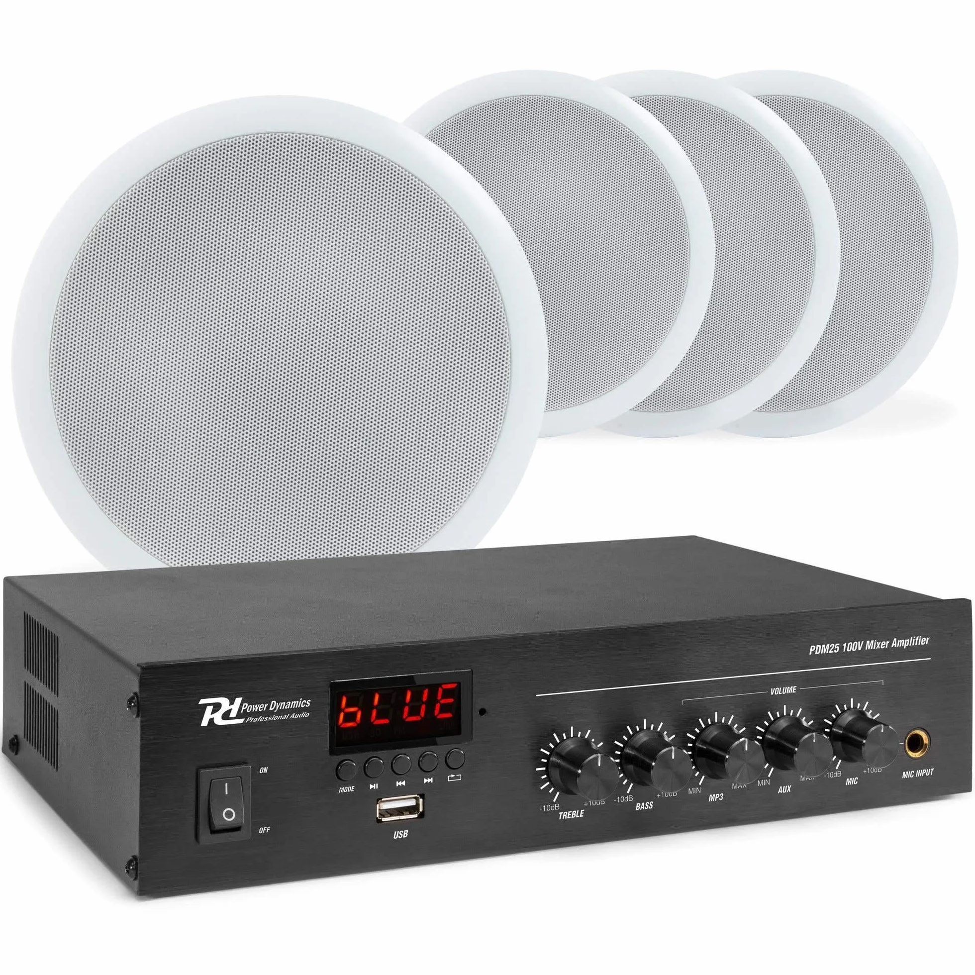 Power Dynamics Système Audio 100V avec Haut-Parleurs de Plafond CSPB5 et Amplificateur PDM25 Bluetooth FM USB Câble 50m