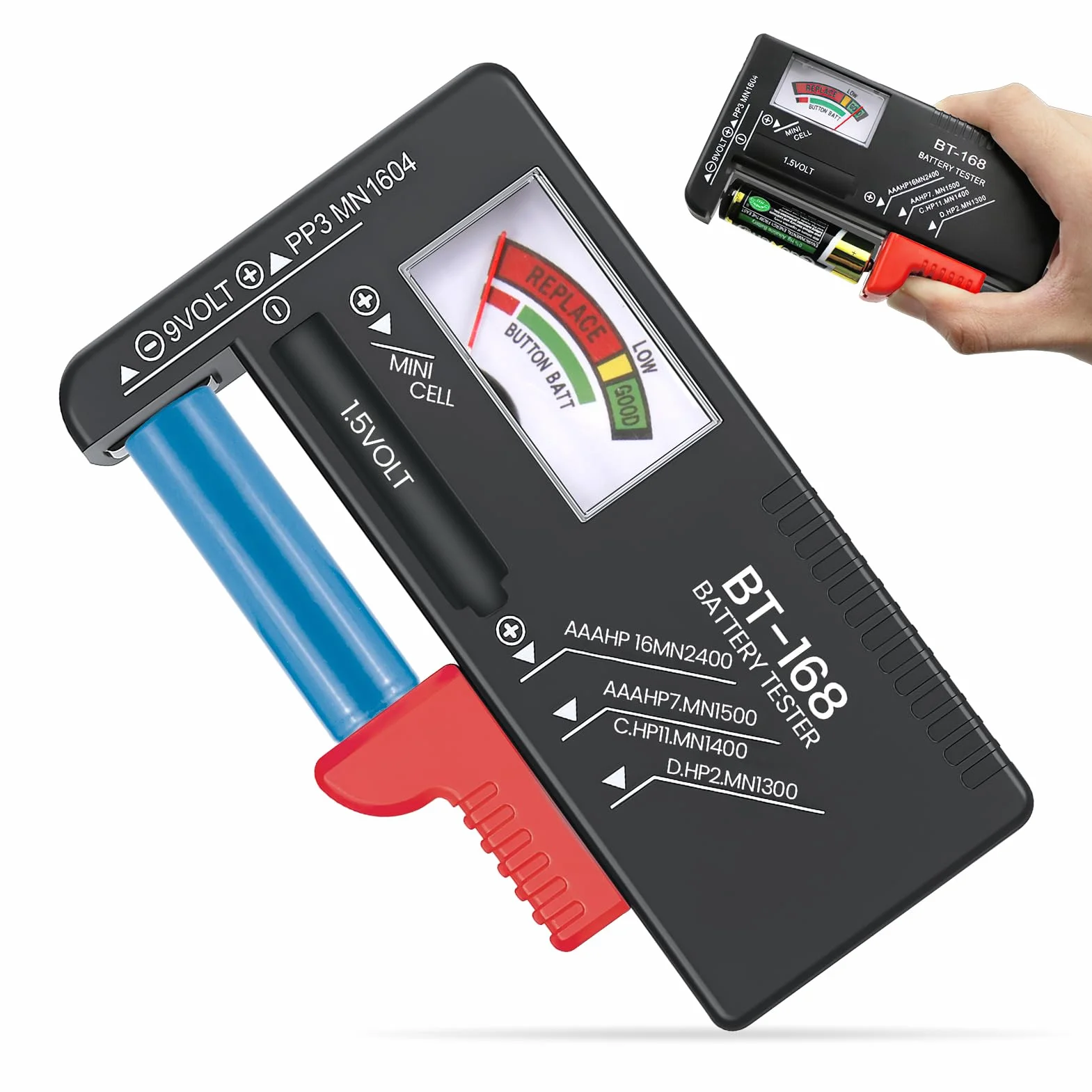 Testeur de Piles Universel, Testeur de Numérique Pointeur Piles pour AA AAA C D 9V 1.5V Batterie Bouton Vcontrôleur de Tension de Batterie Fonctionne Sans Pile Précis et Portable (Modèle: BT-168)