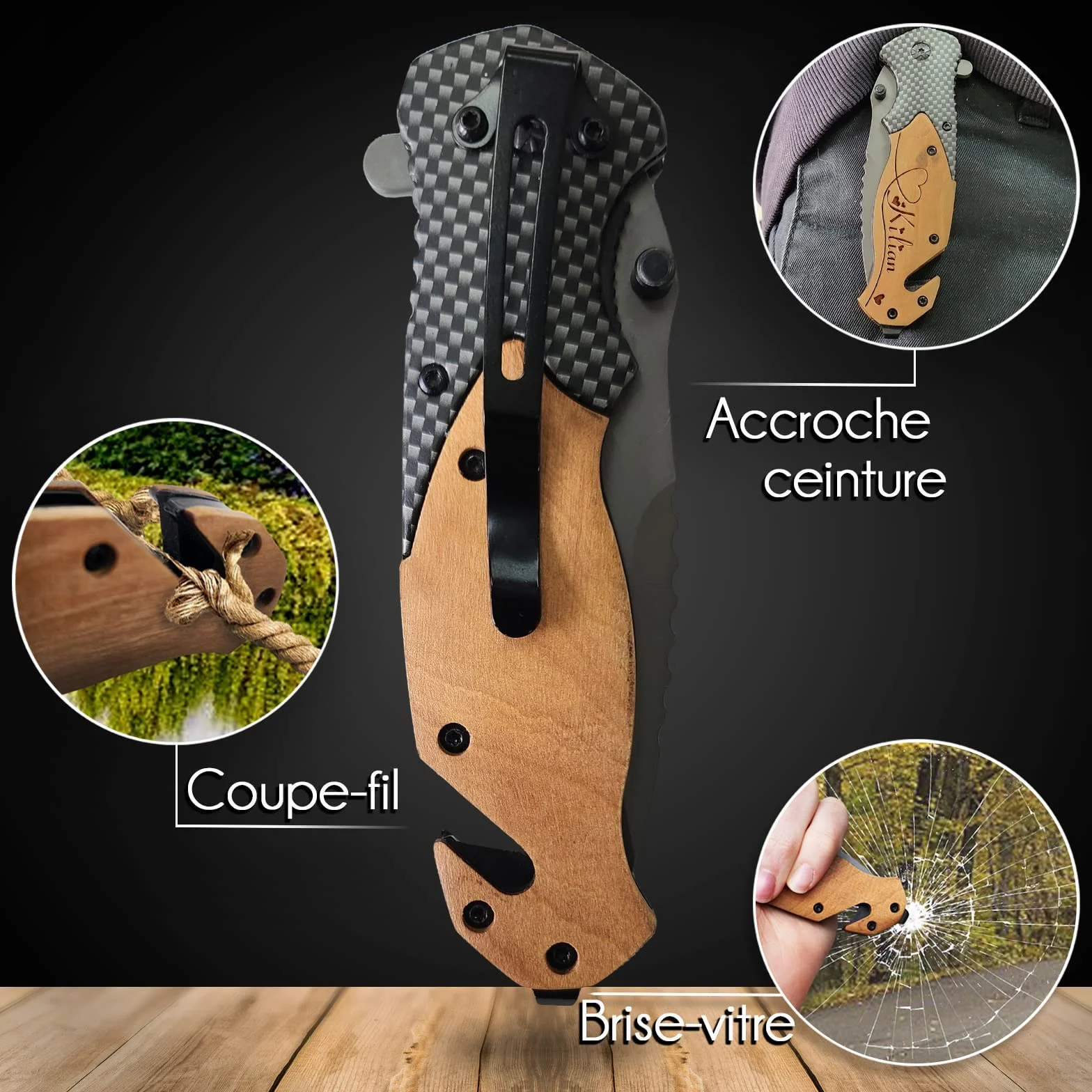 Couteau de survie personnalisé gravé avec prénom - Lame sécurité personnalisable - Manche en bois - Effet carbone - Cadeau Saint-Valentin homme