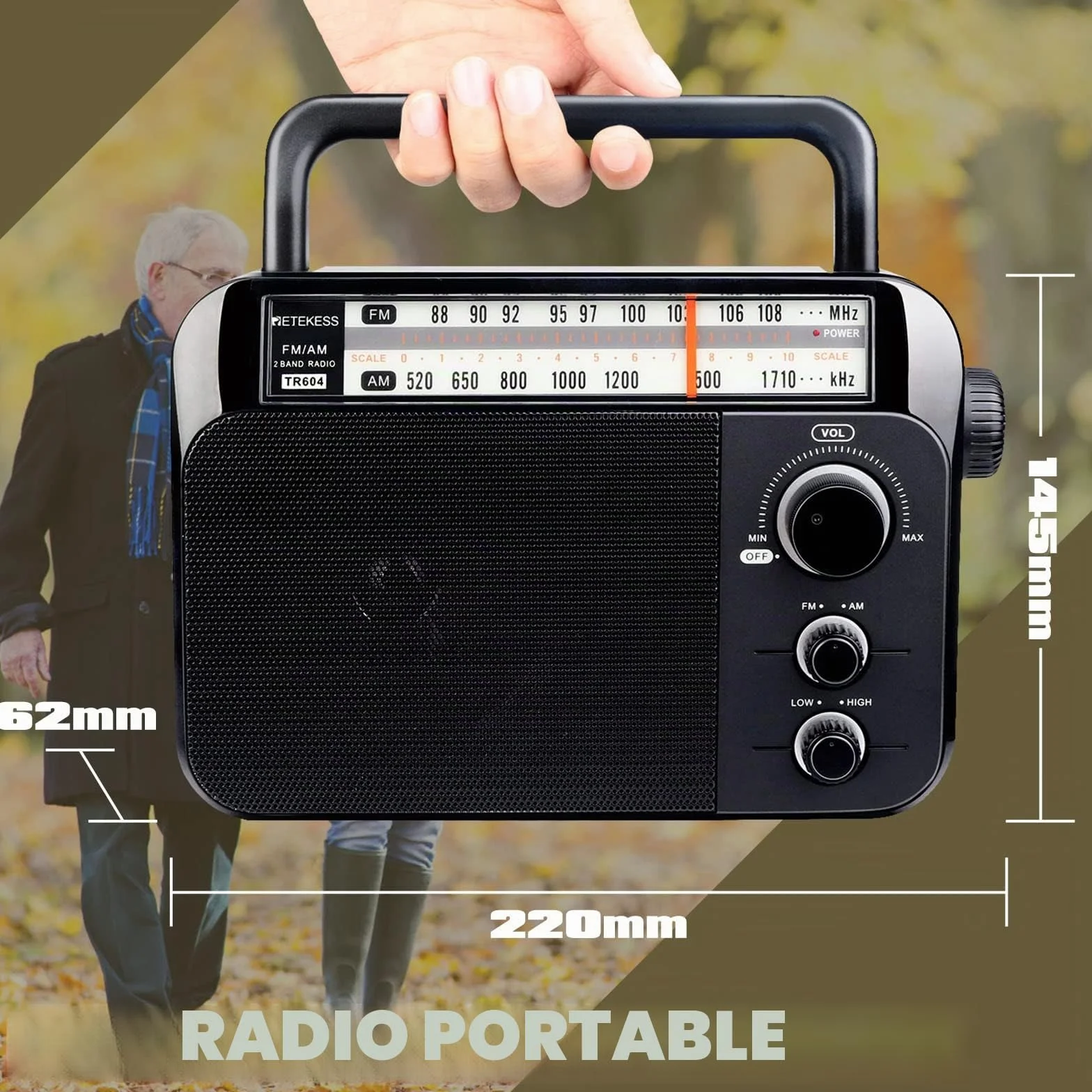 Retekess TR604 Radio Portable FM, Poste Radio Pile et Secteur, Excellente Réception Antenne, Transistor, Enceinte, Prise Casque, Grand écran,en Cadeau, pour Personnes Âgées