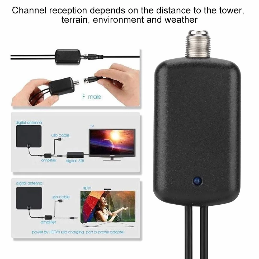Queen.Y Amplificateur d'antenne TV HD 25 dB Haut Gain Intérieur USB 4K 1080P VHF UHF