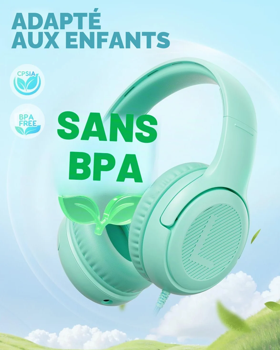 awatrue Casque Audio Enfant, Casque Enfant Filaire avec Volume Limité 85/94db, Fil 3.5 Mm, Pliable, Partager l’Audio, Micro Integré pour Ipad/Voyage/Tablette/Téléphone, Vert