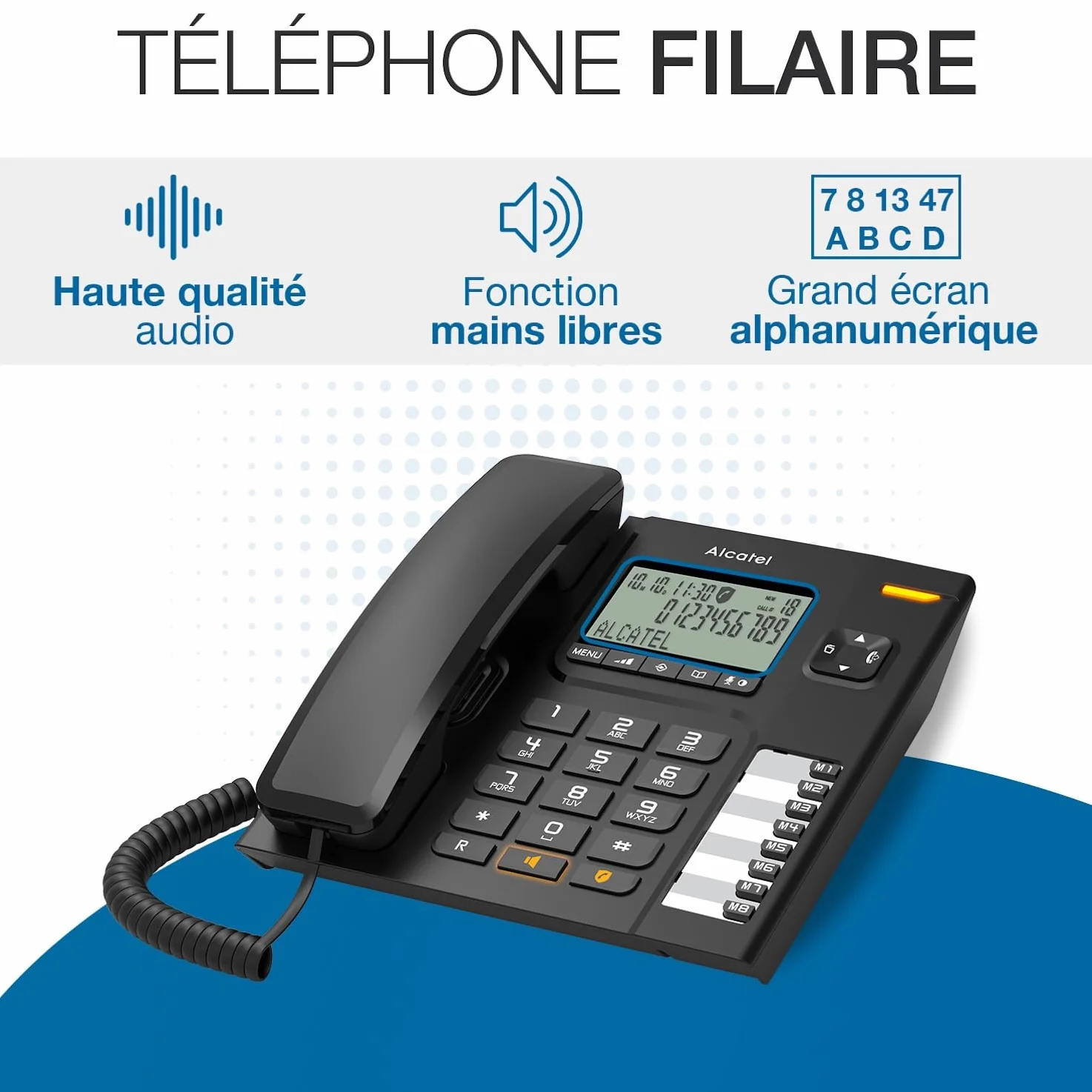 ALCATEL T78 Téléphone Fixe Filaire Grand Écran Alphanumérique Mains Libres Blocage d'Appel Noir