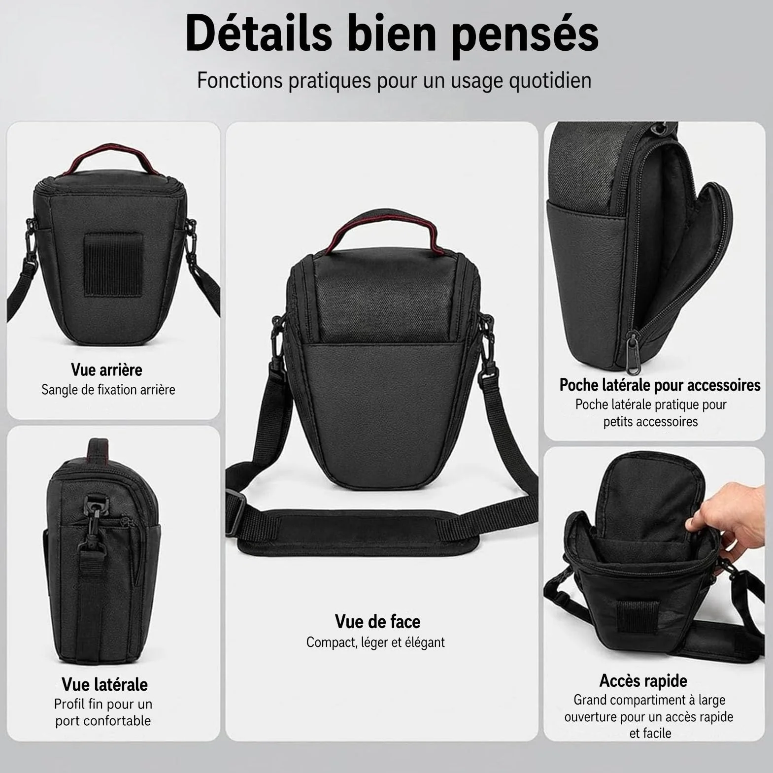 Sac Appareil Photo Noir 21x18x11 cm Sacoche Compacte pour Hybride Numérique Reflex DSLR SLR Bandoulière Amovible Réglable