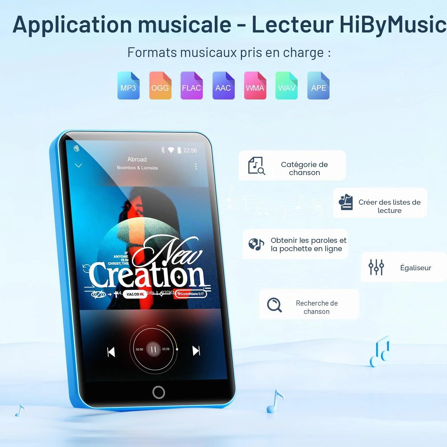 Oilsky Lecteur MP3 Bluetooth WiFi 80GB 4" 1080P Tactile Android 9.0 Portable Spotify Audible Deezer Bleu