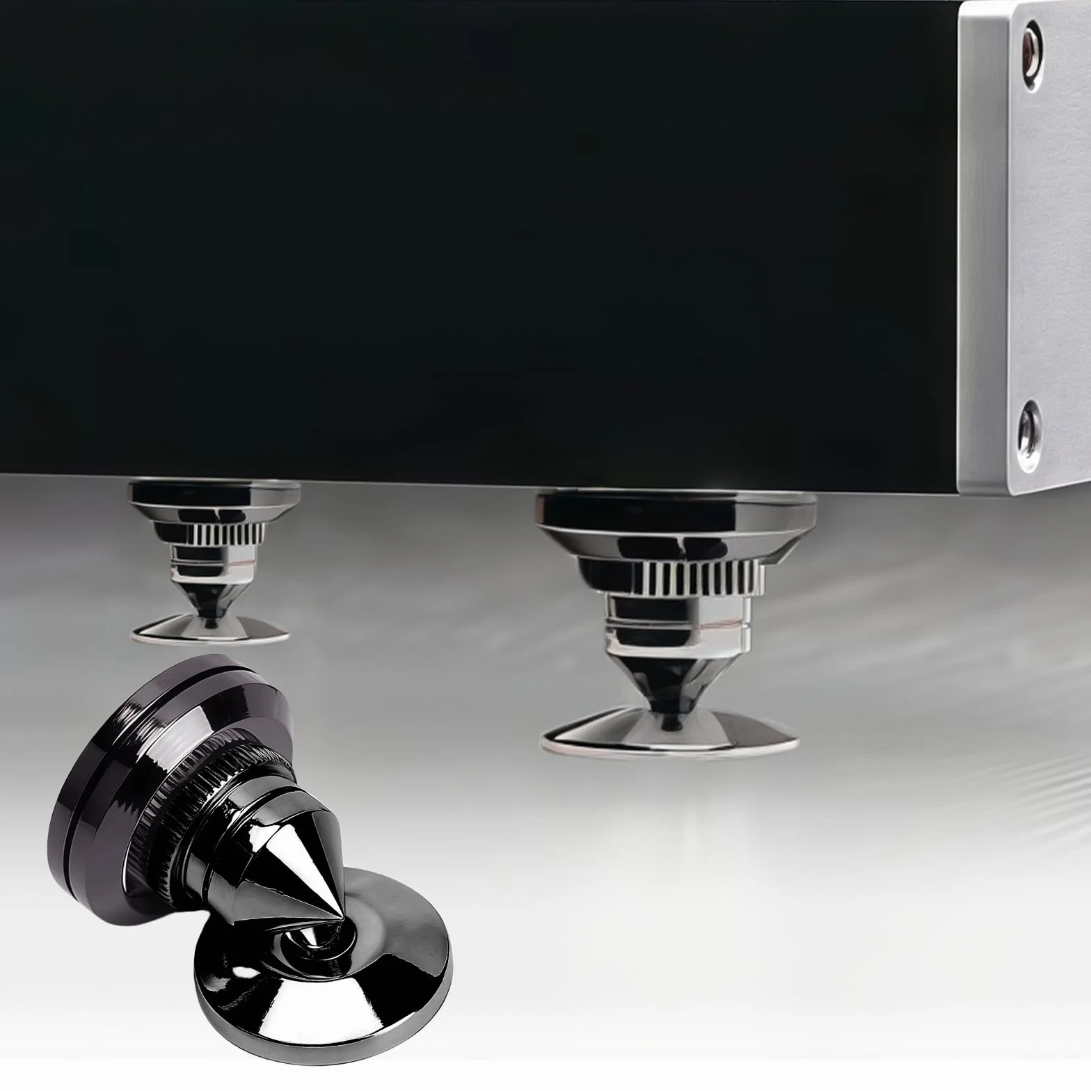 4 pièces pointes pour caisson de basses : pointes de haut-parleur avec 8 tapis antidérapants et 4 coussinets de base, support de haut-parleur anti-vibrations, hauteur non réglable, pics d'enceinte