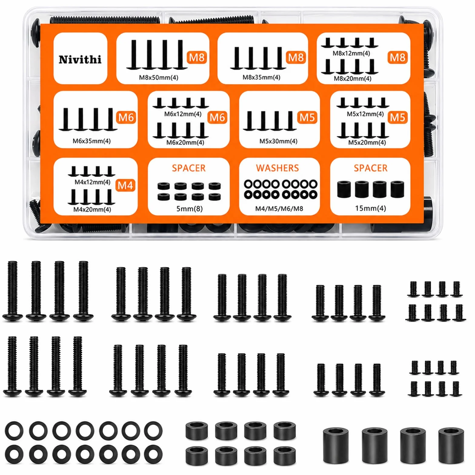 Kit Vis VESA/Montage TV (Noir/Fer) M4/M5/M6/M8+Rondelles/Entretoises.Compatible Supports Mural&TV-Standfüße,Vis de Remplacement Universel