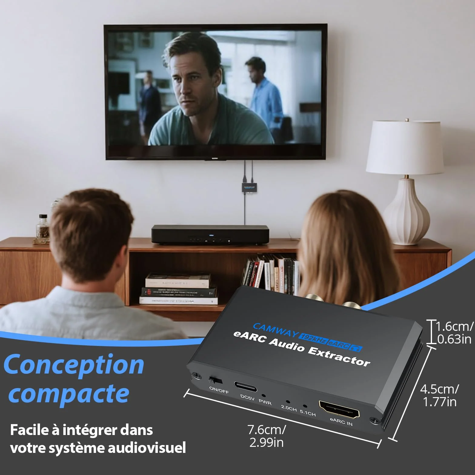 CAMWAY eARC Extracteur audio HDMI ARC/eARC vers fibre optique, RCA, convertisseur audio 3,5 mm, prend en charge le son surround 5.1, installation facile pour barre de son, amplificateur, casque