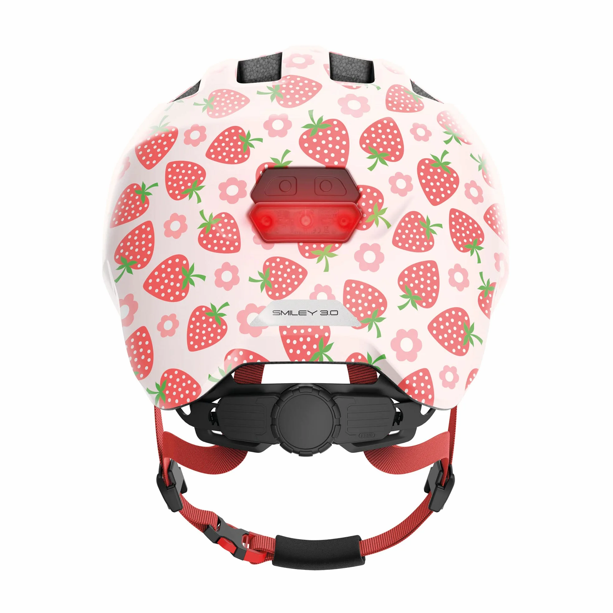 ABUS Casque pour enfants Smiley 3.0 LED - Casque de vélo avec lumière - Rose motif fraise, taille S (45-50 cm)