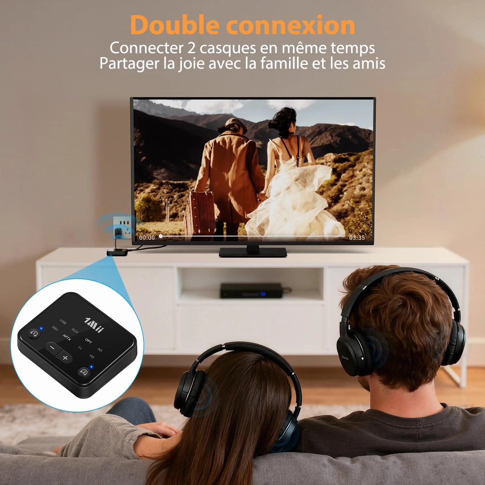 1Mii B06T6 Émetteur Bluetooth 5.3 pour TV vers 2 Casques sans Fil, aptX Adaptive & Faible Latence, Transmetteur Adaptateur Bluetooth, Double Connexion, Contrôle du Volume, Optique/USB/AUX/RCA